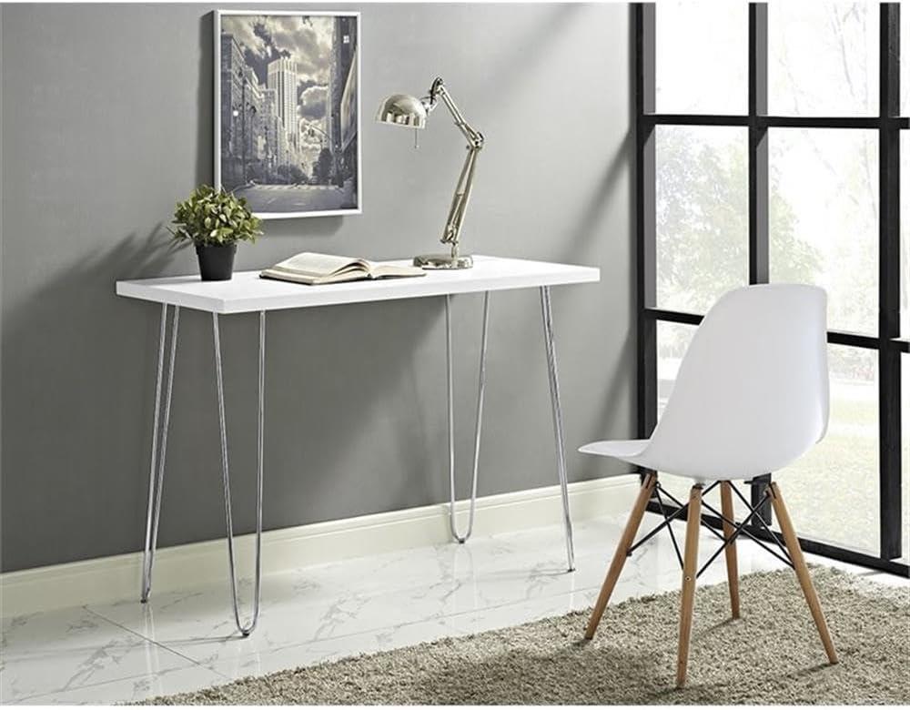 Walker Edison MDF Wood Writing Desk with Chrome Metal Legs in White