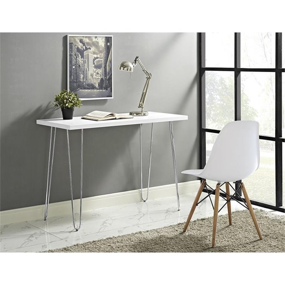 Walker Edison MDF Wood Writing Desk with Chrome Metal Legs in White