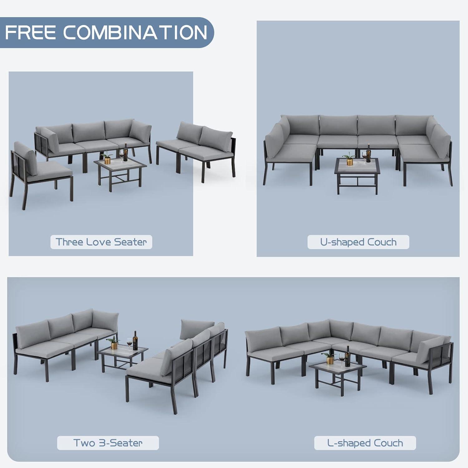 AECOJOY 7 Pieces Patio Furniture Set Outdoor Metal Conversation Sets Sectional Furniture with Cushions and Wooden Table for Backyard