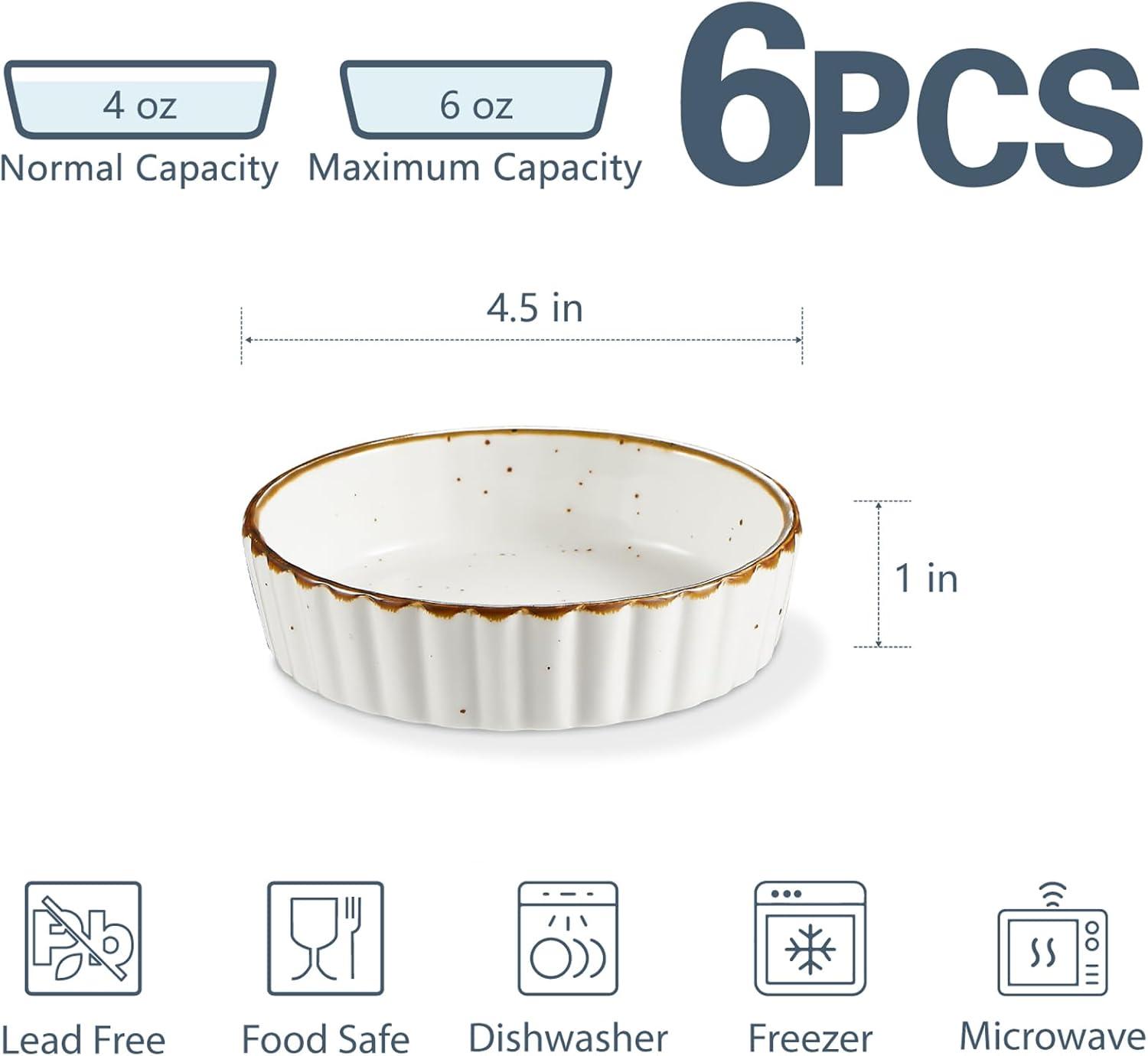 4 oz White and Brown Ceramic Ramekin Set