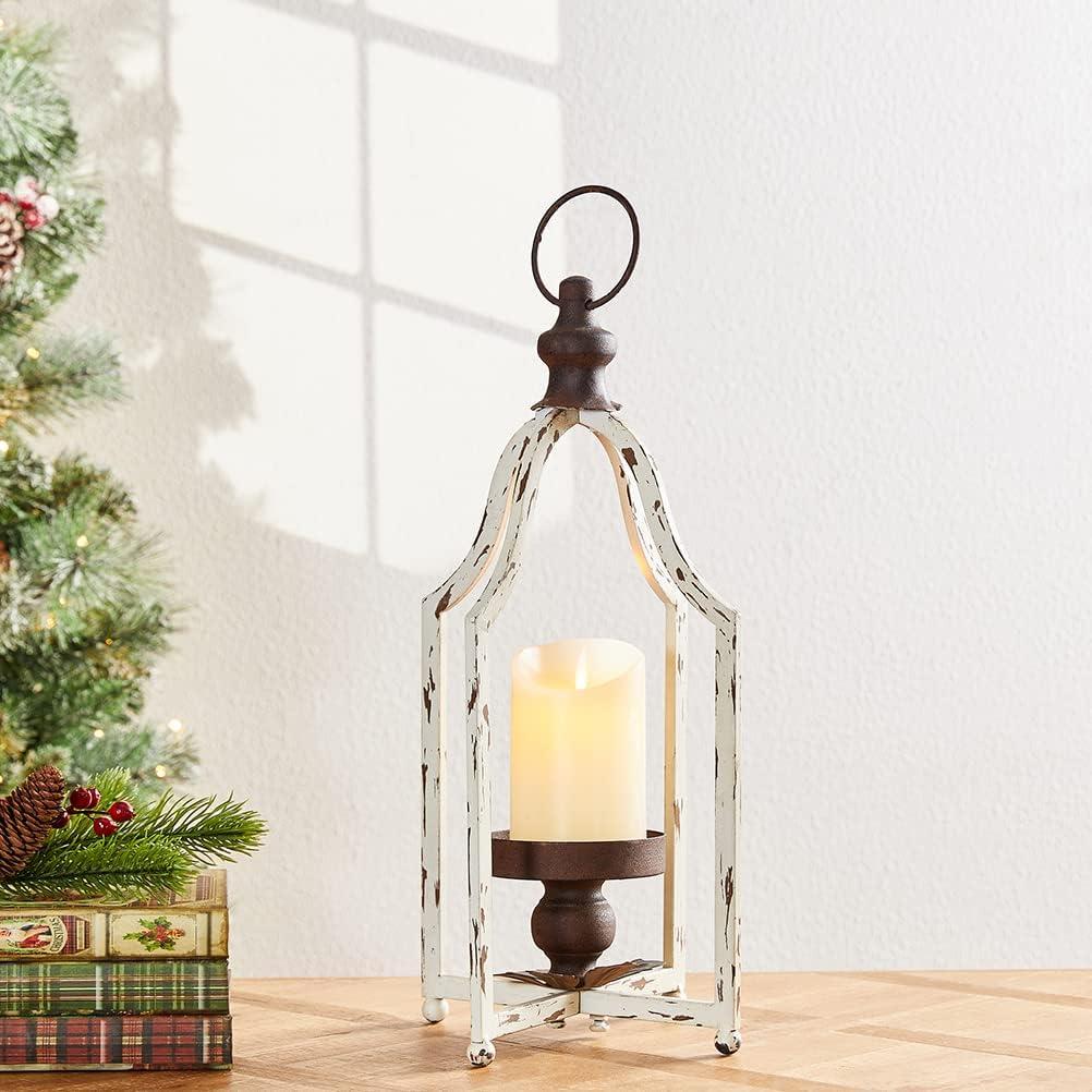 Glitzhome  Farmhouse Rustic Metal Lanterns Hanging Candle Holder White-S