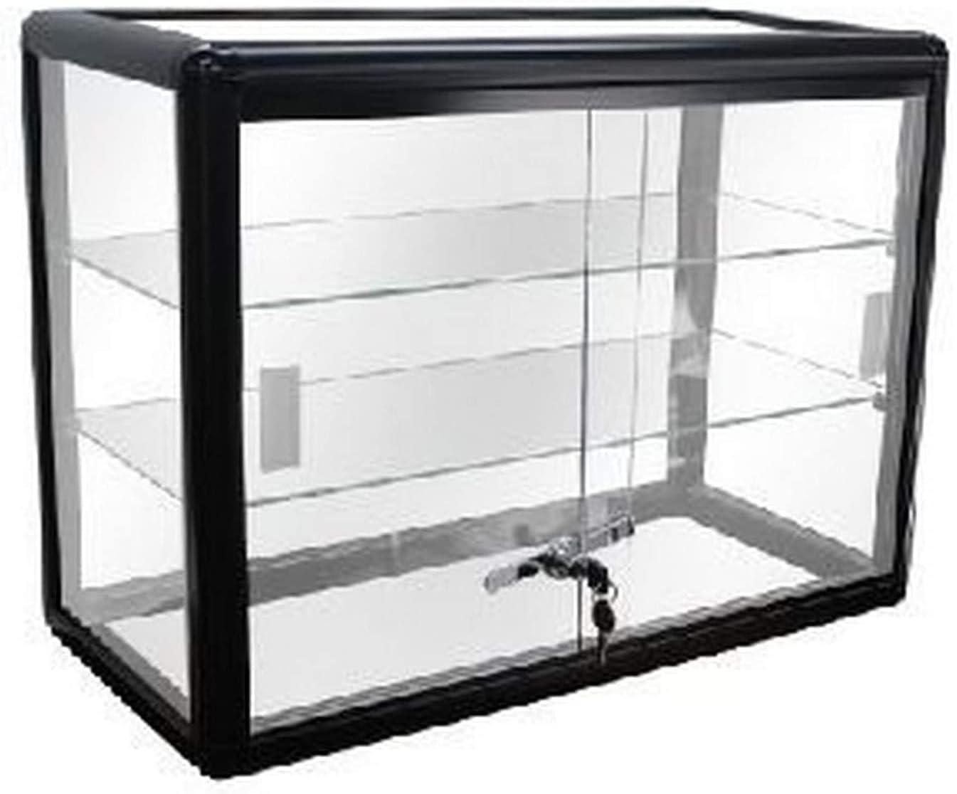 Only Garment Racks Elegant Black Aluminum Display Table Top Tempered Glass Show Case. Sliding Glass Doors with Lock