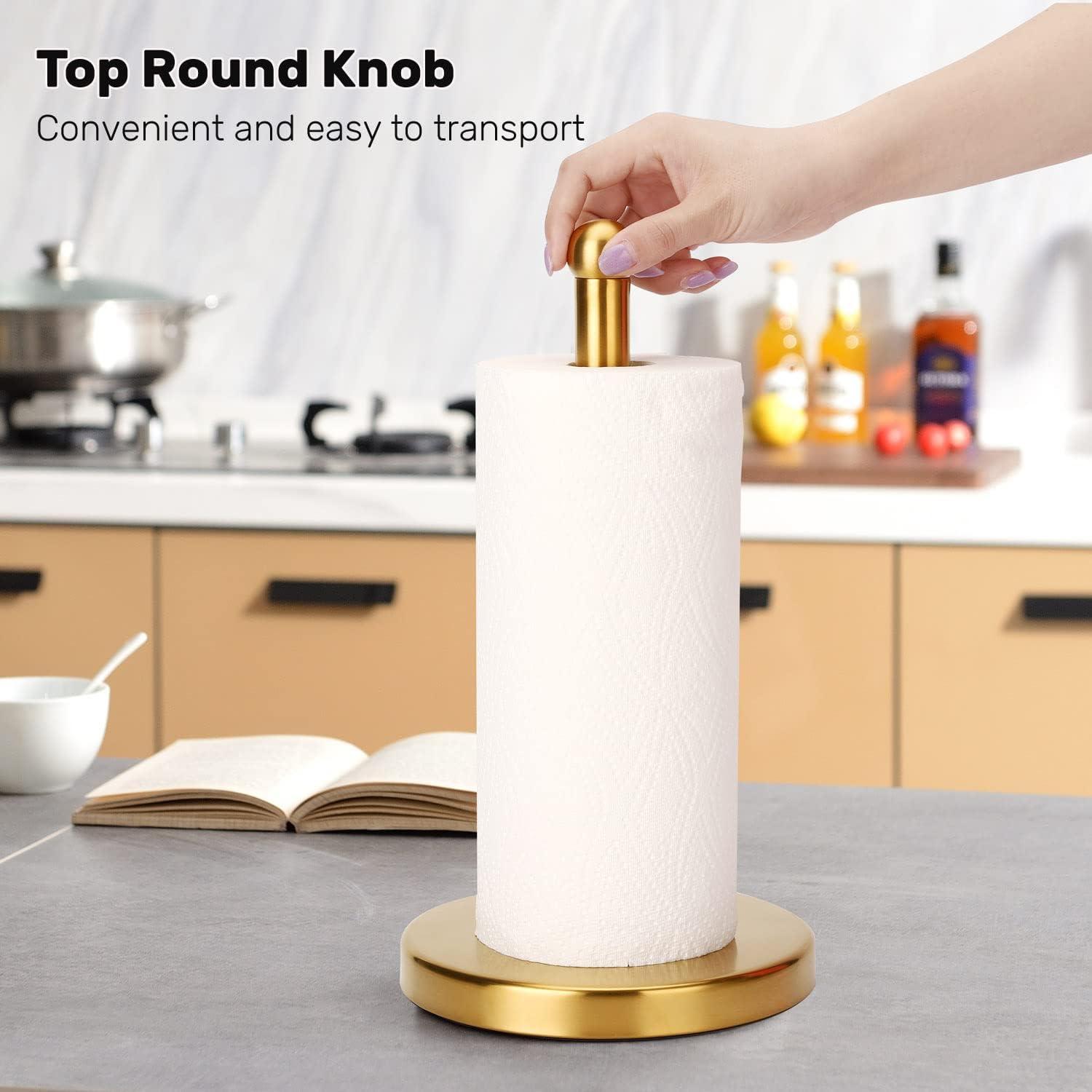 Paper Towel Holder Countertop Standing Roll Kitchen Bathroom Stand Weighted Base Suction Cups Stainless Steel Silver