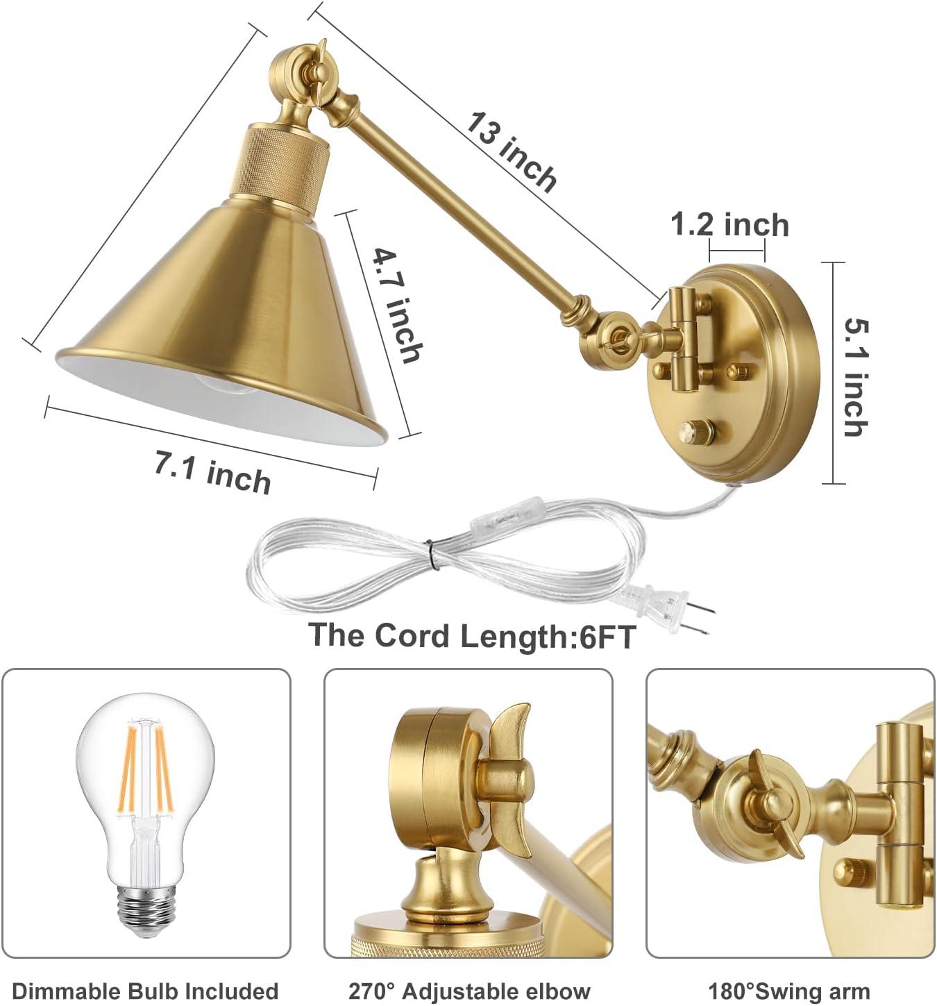 TRLIFE Wall Sconce Plug In, Dimmable Wall Sconce Brushed Brass Swing Arm Wall Lights with Plug in Cord and Dimmer On/Off Knob Switch, Wall Mounted Light for Bedside Bedroom Stairway (1 Pack, 1 Bulb)