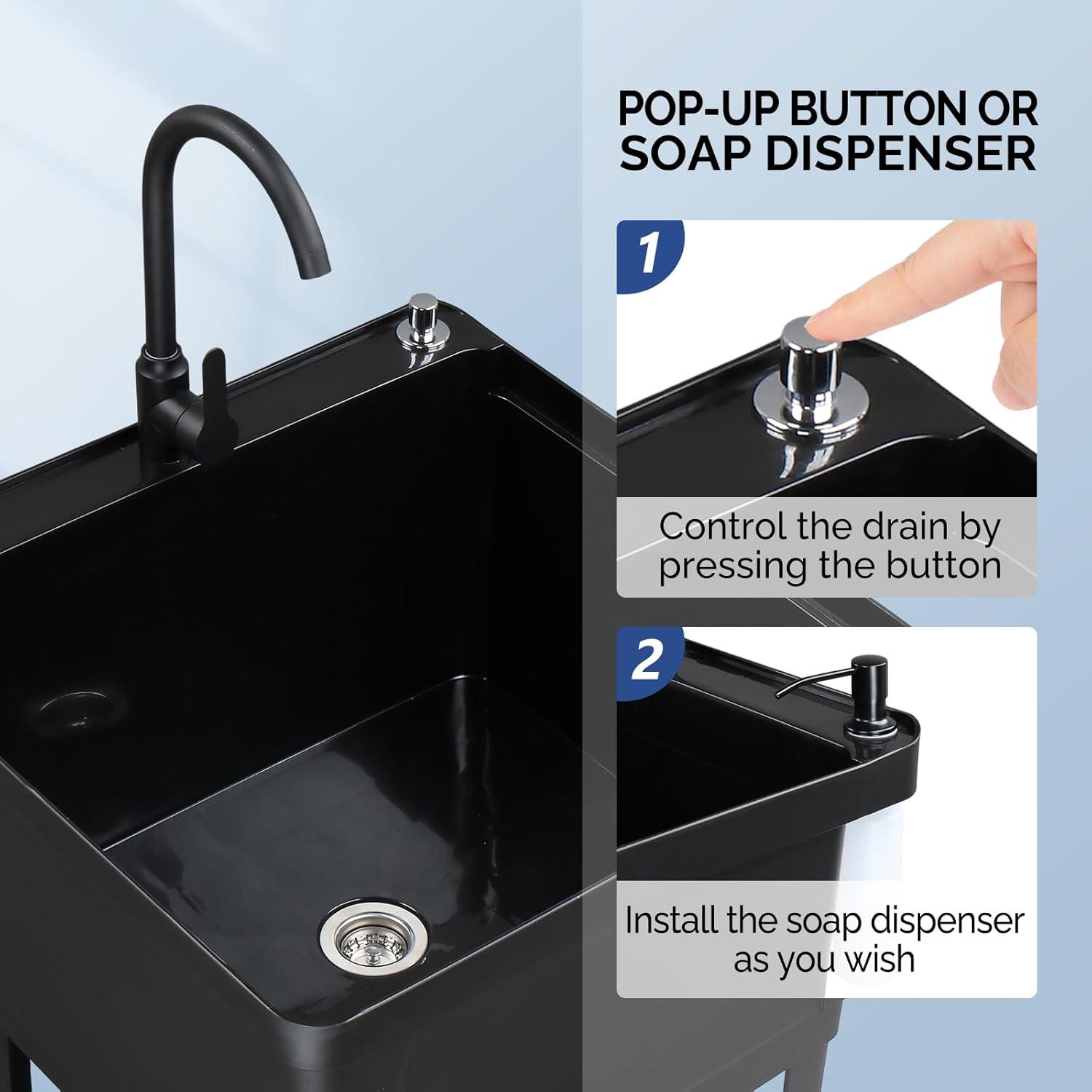 Utility Washing Room Sink Laundry Tub with Faucet & Shelf & Drainboard