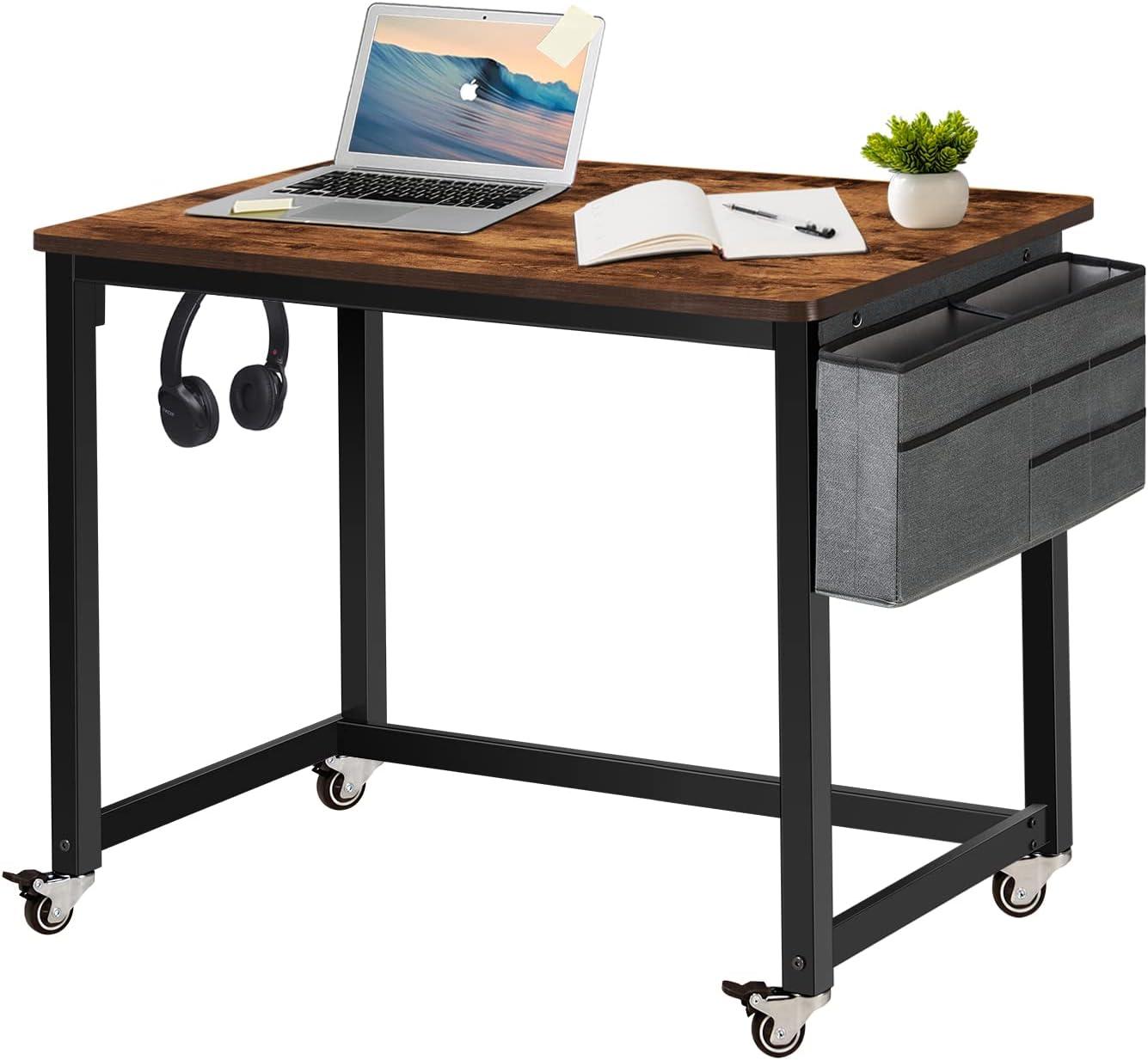AHB 39" Rolling Computer Desk with 4 Smooth Wheels, Simple Style Mobile Writing Desk Home Office Study Table Movable Workstation with Metal Frame