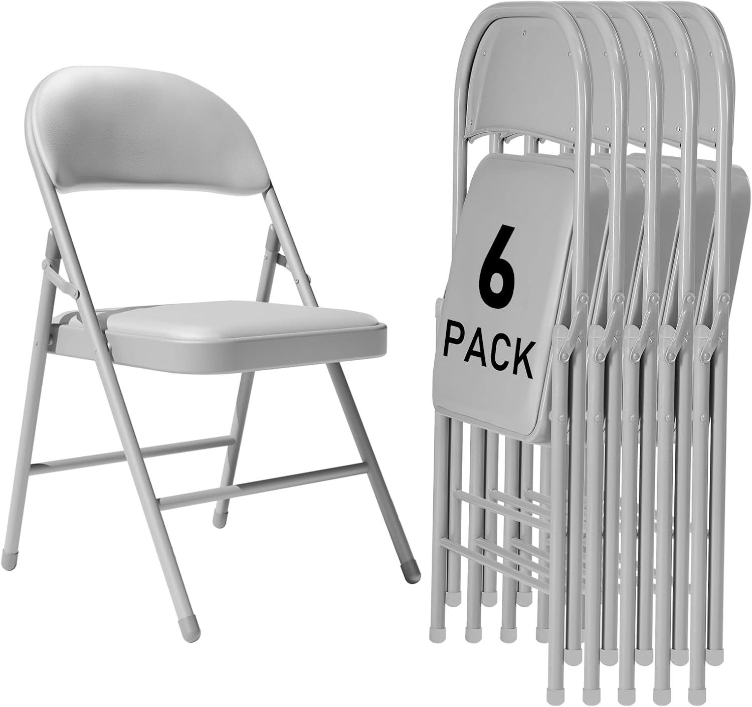 6 Pack Gray Folding Chairs with Padded Cushion and Back for Outside Portable Stackable Commercial Foldable Chairs with Steel Frame for Events Office Wedding Party, 330lbs Capacity