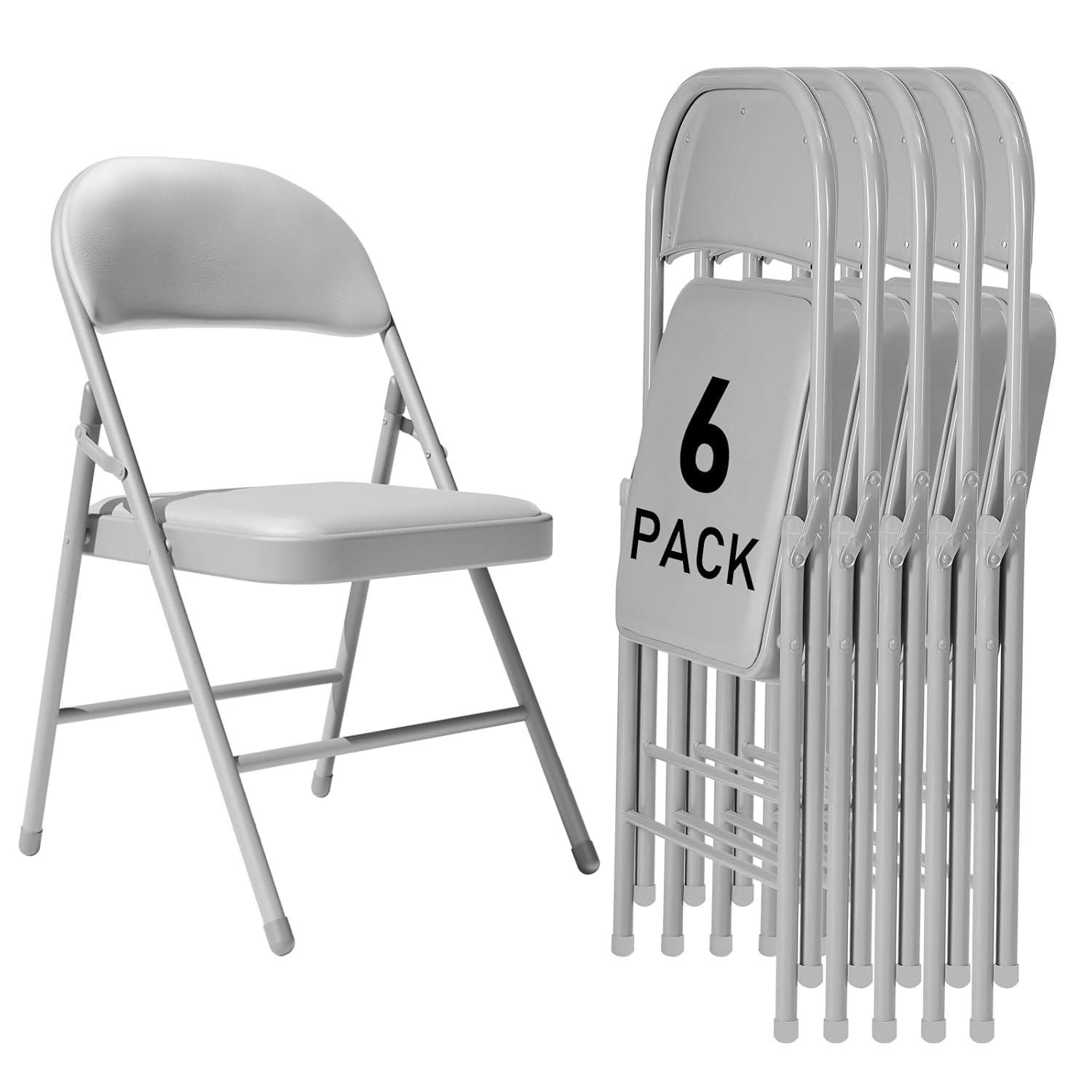 6 Pack Gray Folding Chairs with Padded Cushion and Back for Outside Portable Stackable Commercial Foldable Chairs with Steel Frame for Events Office Wedding Party, 330lbs Capacity