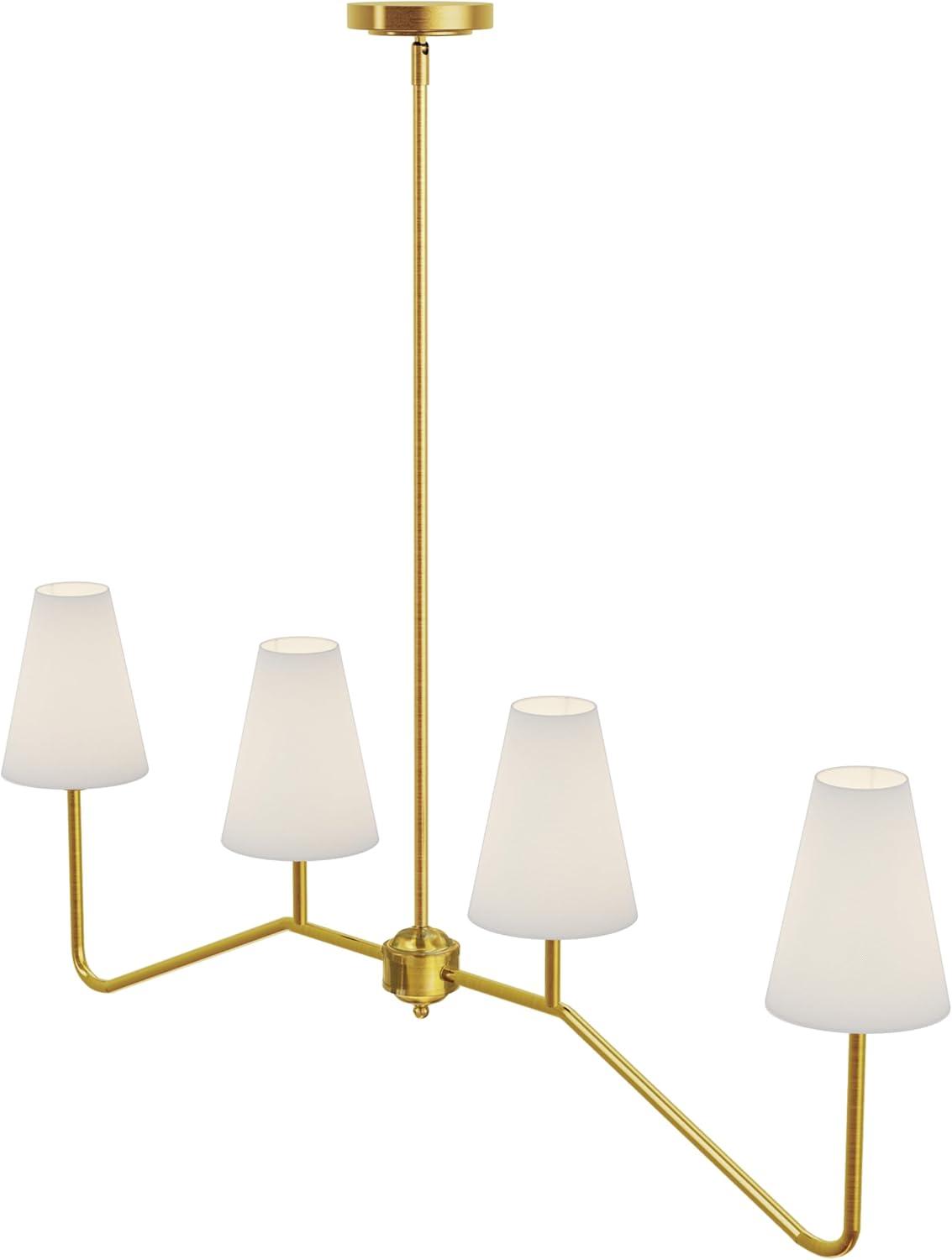 Gold Metal 4-Light Linear Chandelier with White Fabric Shades