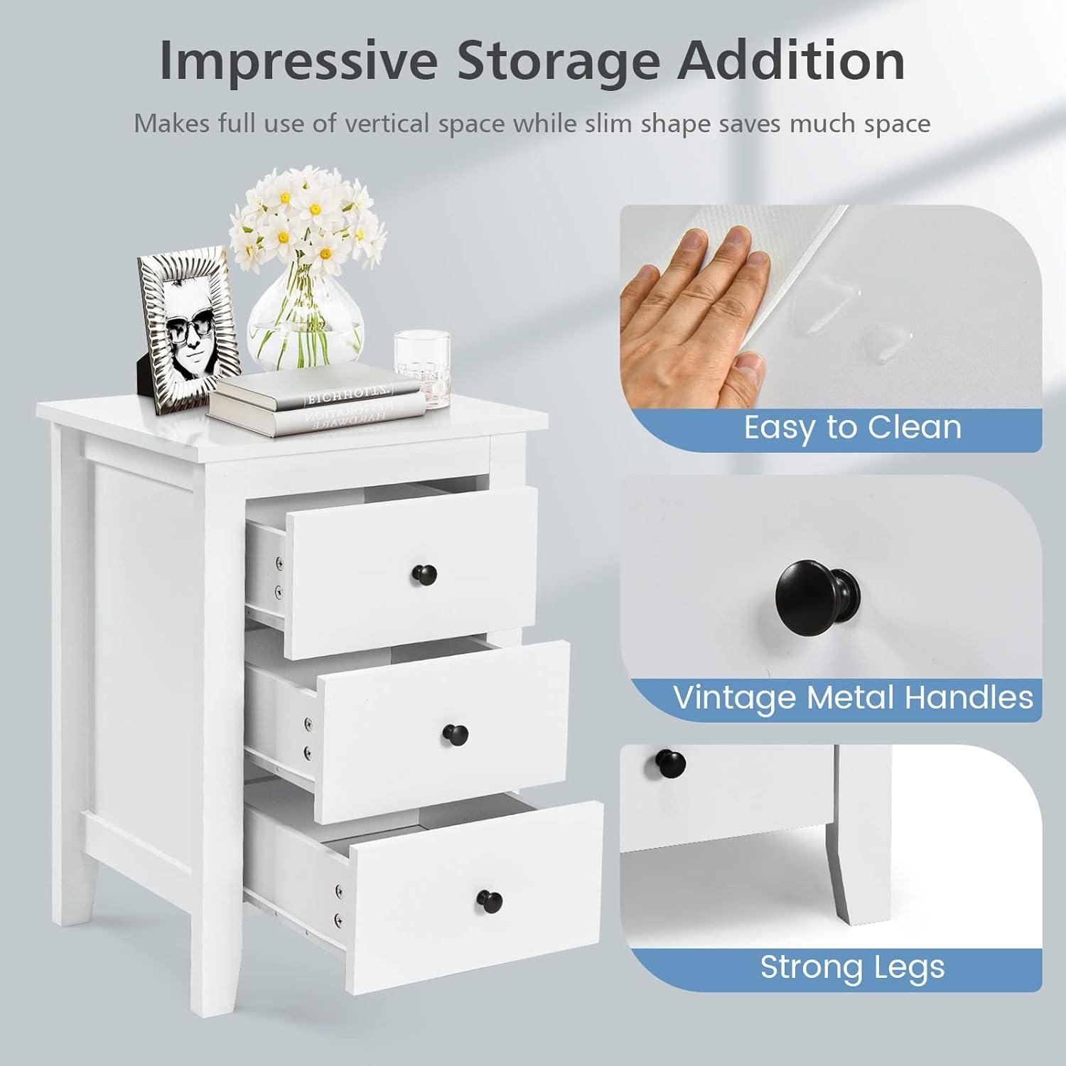 2PCS Nightstand End Beside Table Drawers Modern Storage Bedroom Furniture White