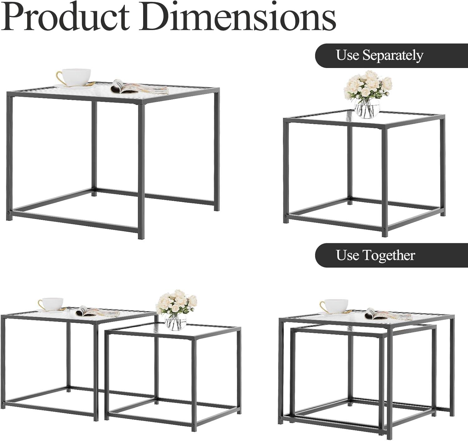 VILAWLENCE Coffee Table Set of 2, Modern Black Patterned Glass Side Table, Metal Frame Square End Table, Center Tables Nesting Coffee Table for Living Room,Bedroom and Small Spaces
