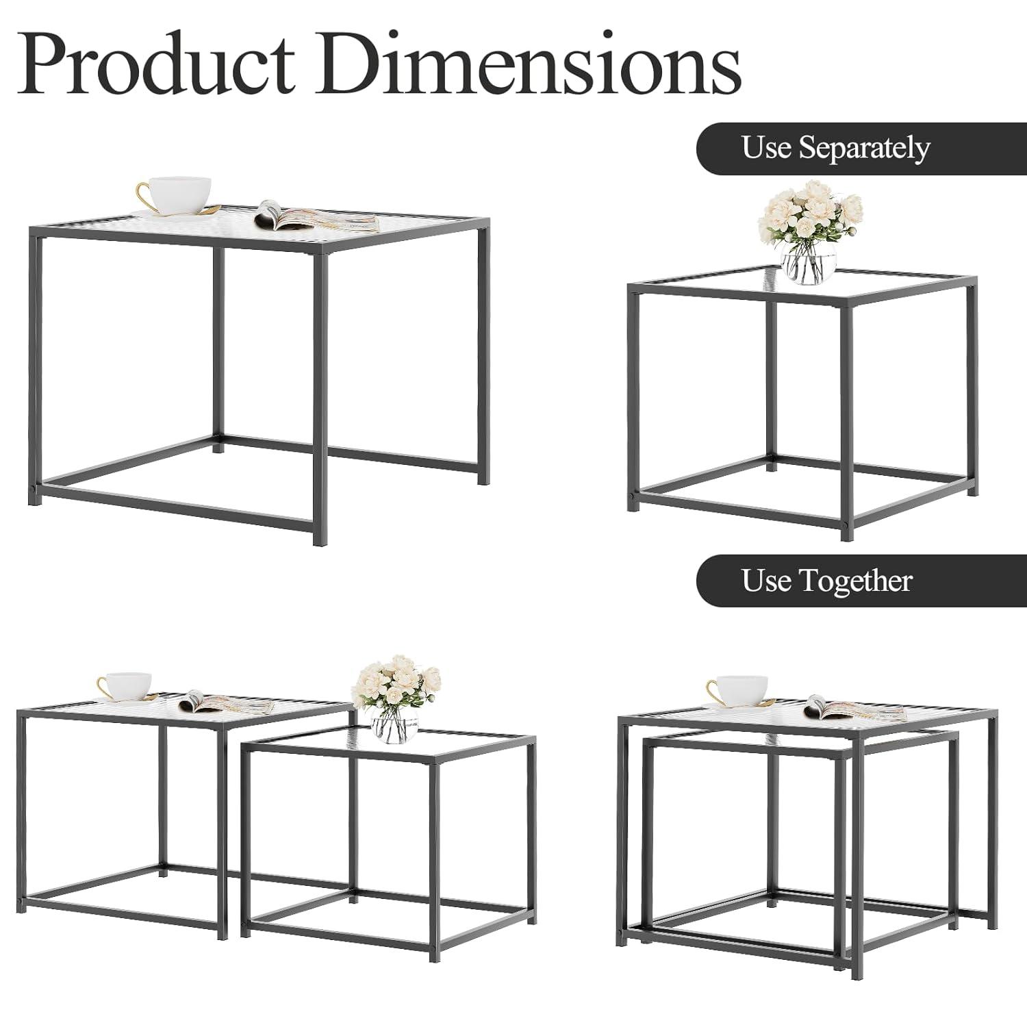 VILAWLENCE Coffee Table Set of 2, Modern Black Patterned Glass Side Table, Metal Frame Square End Table, Center Tables Nesting Coffee Table for Living Room,Bedroom and Small Spaces