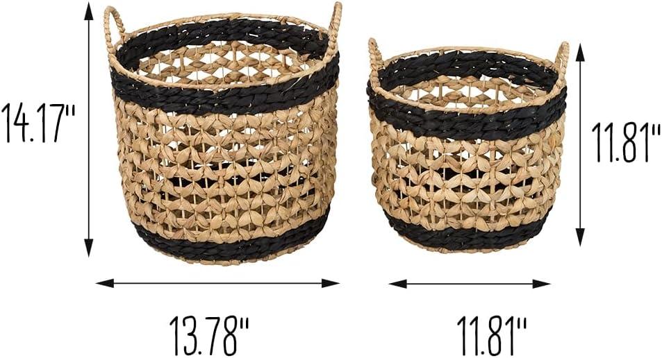 Set Of 2 Round Decorative Wicker Baskets With Handles, Natural/Black Natural