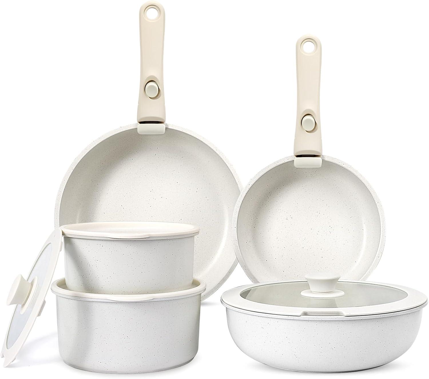 Carote Nonstick Cookware Sets, 11 Pcs Non Stick Pots and Pans Set with Removable Handle, White