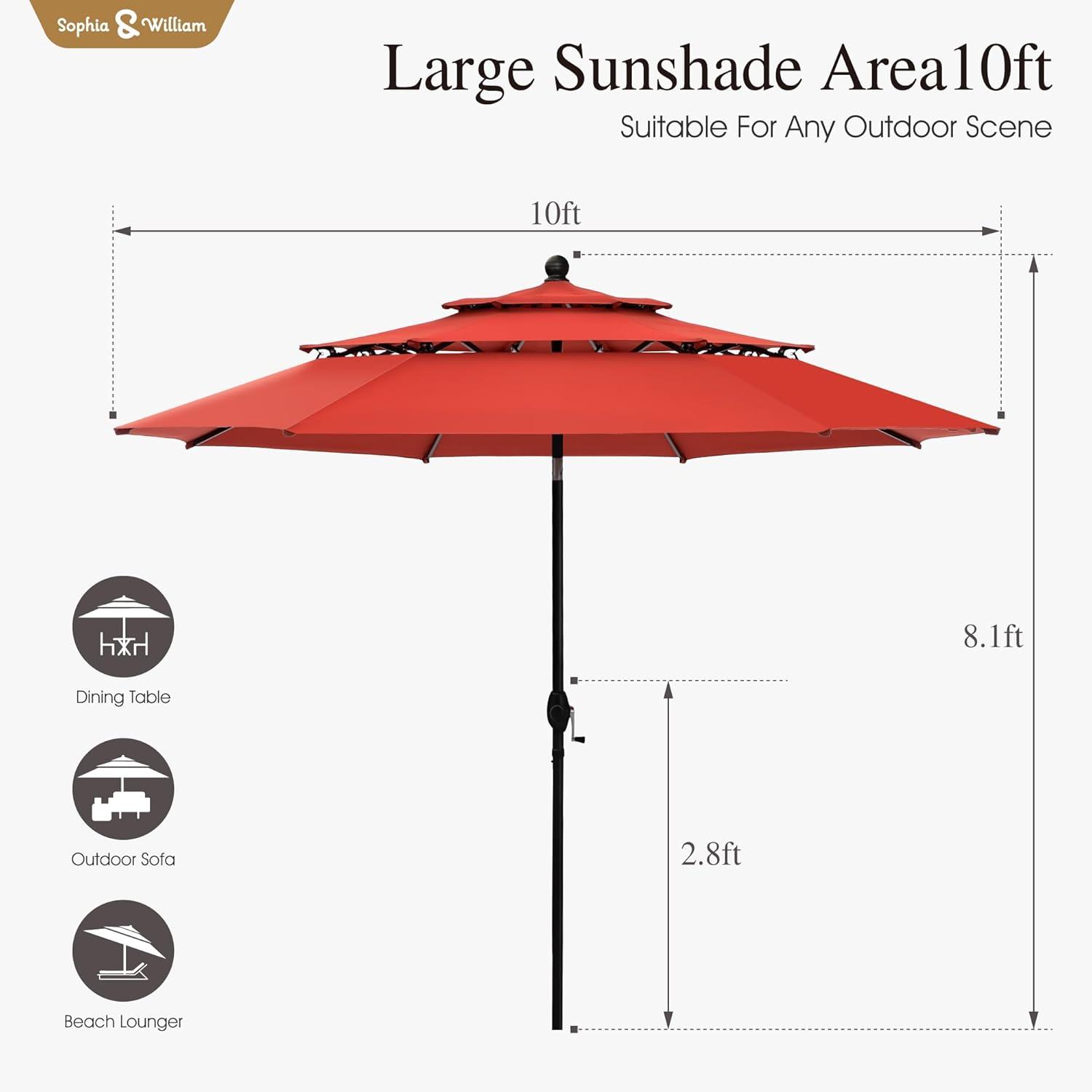 10ft Orange Red Polyester 3-Tier Vented Patio Umbrella with Auto-Tilt
