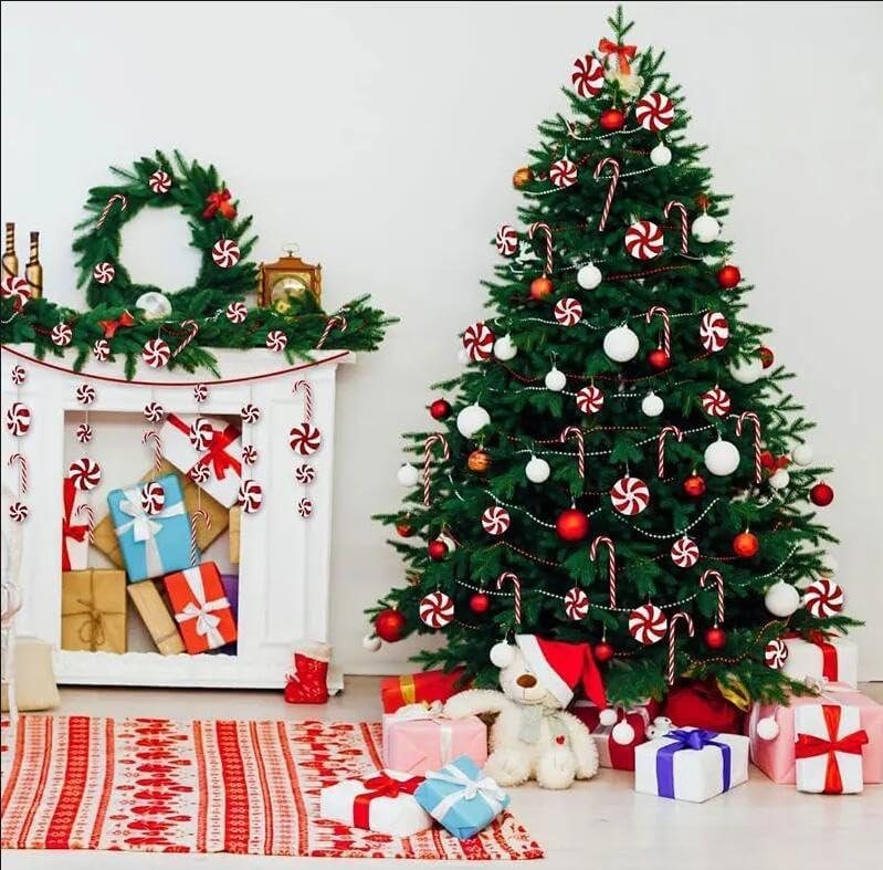 Candy Cane Christmas Decorations, 50Pcs Plastic Fake Candy Peppermint Candy Ornaments for Xmas Holiday Decor Party Favors Crafts