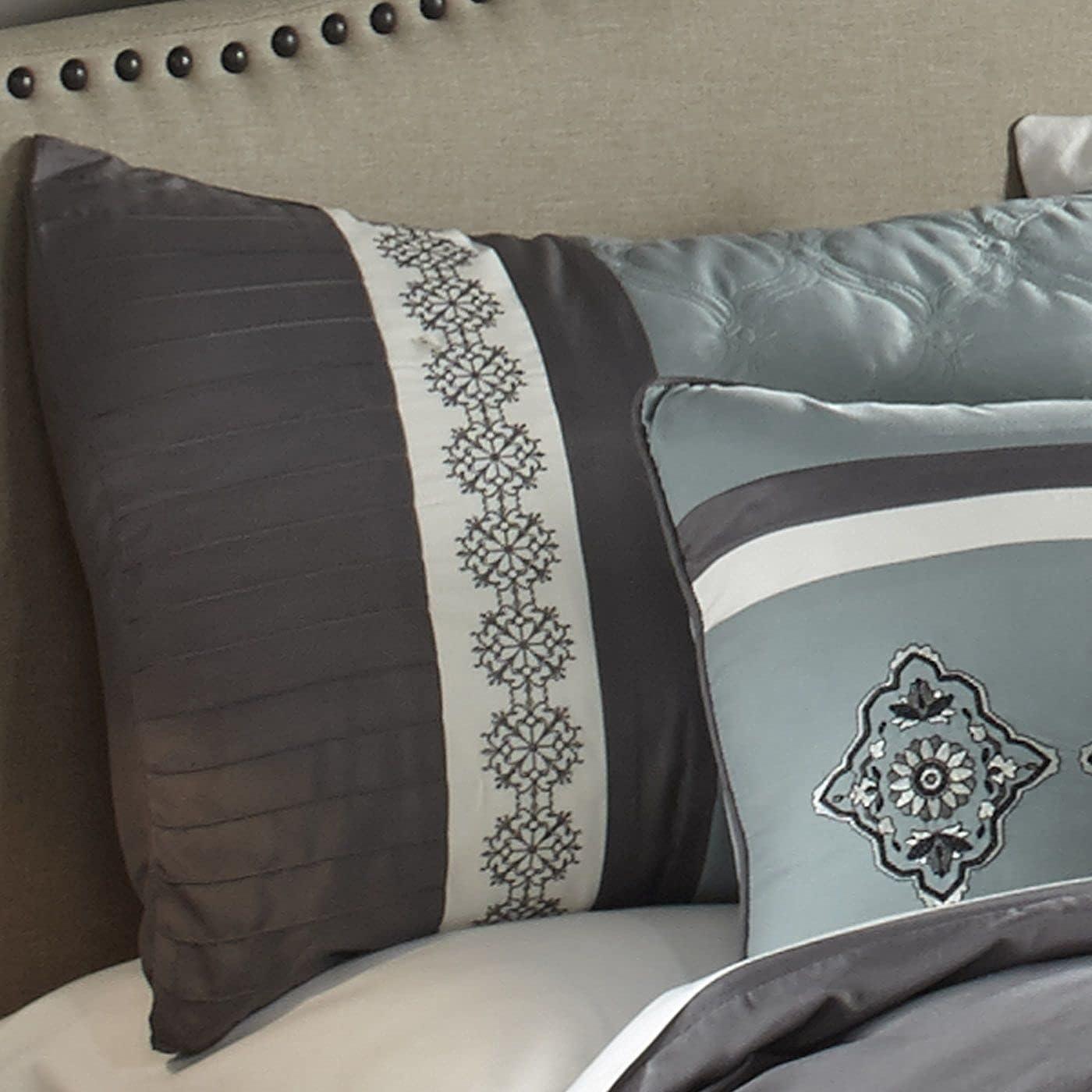 Riverbrook Home 7pc King Alex Comforter Set Blue & Gray : Polyester Medallion Pattern, Pleated & Quilted Design, Machine Washable