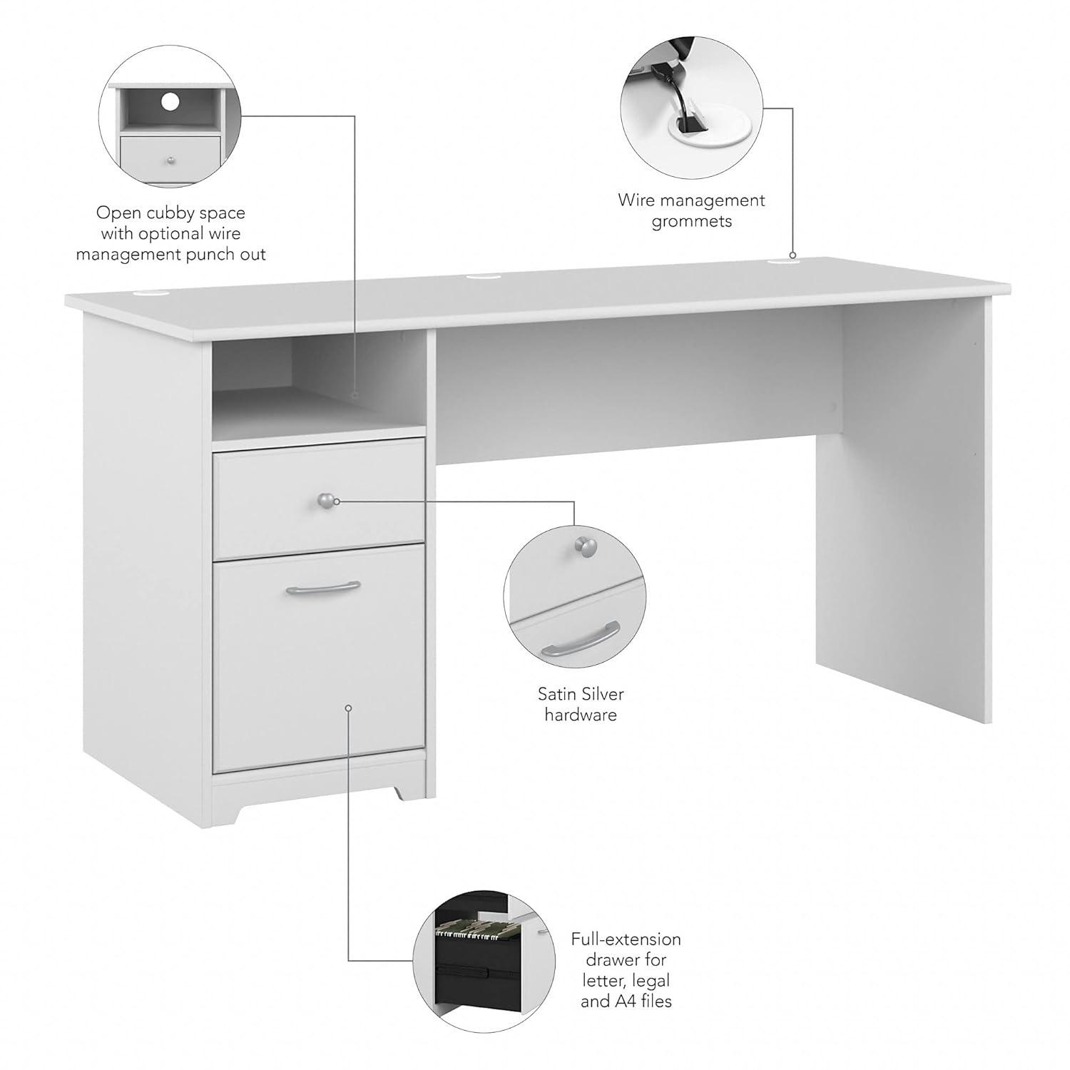 Cabot 60W Computer Desk with Drawers in White - Engineered Wood