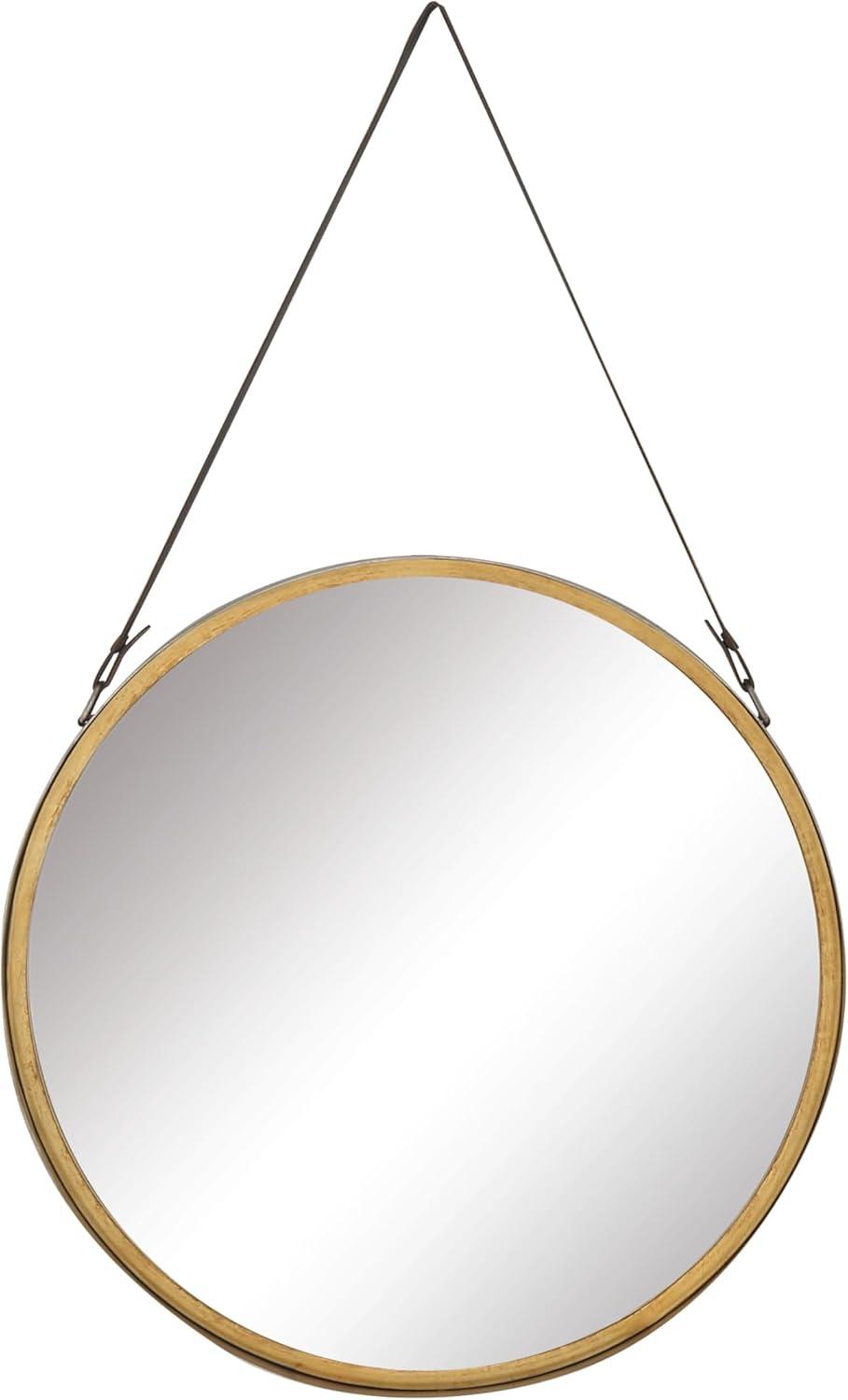 Contemporary Round Gold Metal Mirror with Leather Hang Strap