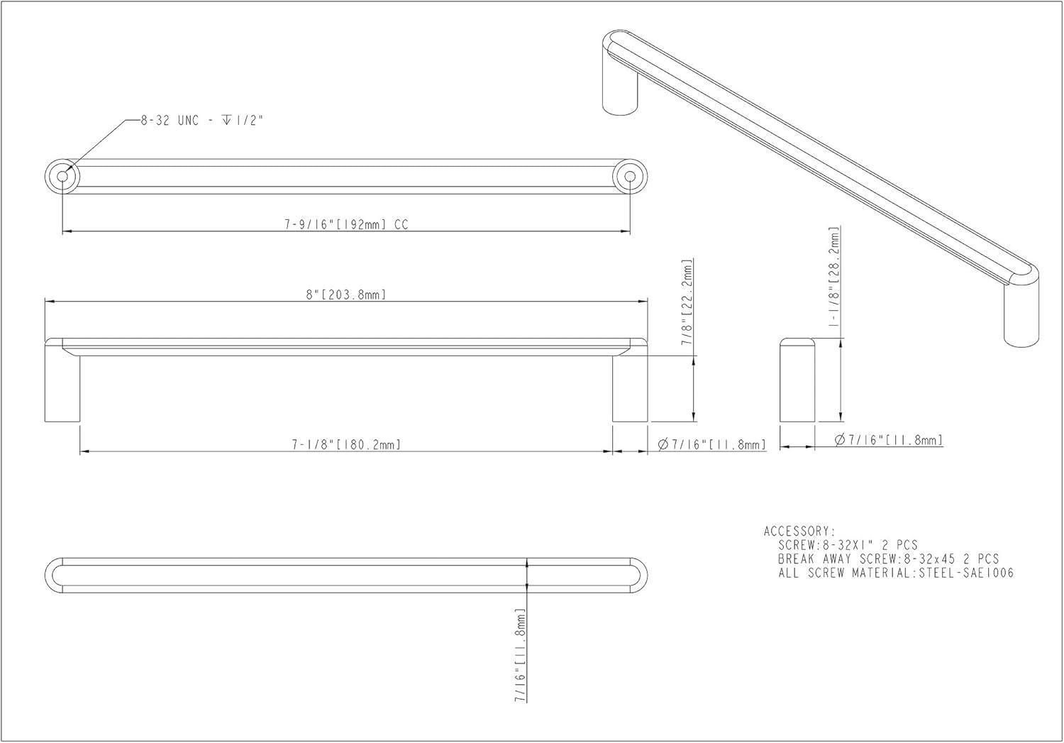 192 mm Brushed Nickel Modern Cabinet Bar Pull