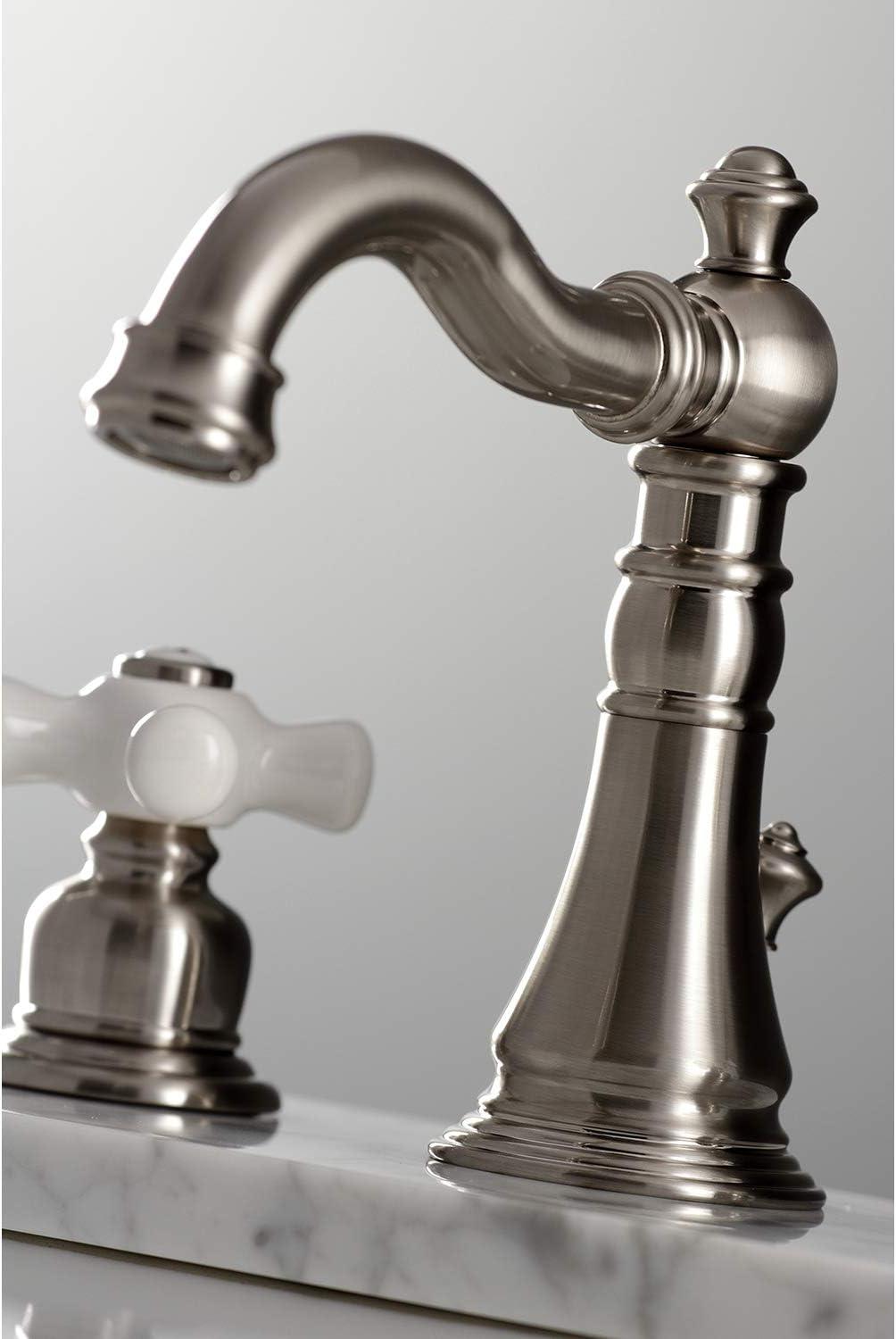 Kingston Brass American Classic Two-Handle 3-Hole Deck Mount Widespread Bathroom Faucet with Pop-Up Drain