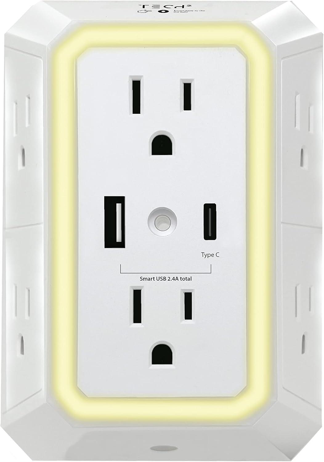 ONDOG 3 Sided Outlet Extender 6 Outlets with 2 USB Ports, Multi Plug Outlet Splitter for Home, Office