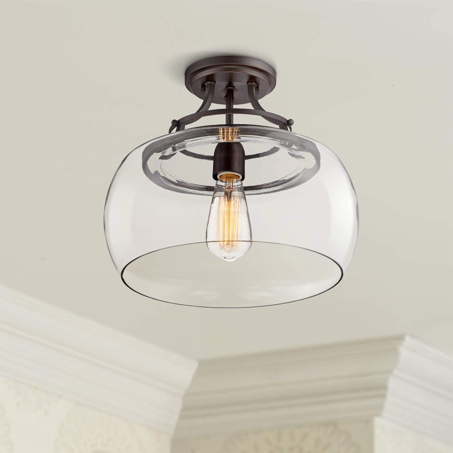 Franklin Iron Works Charleston Industrial Modern Farmhouse Ceiling Light Semi Flush Mount Fixture 13 1/2" Wide Bronze LED Clear Glass for Bedroom Home