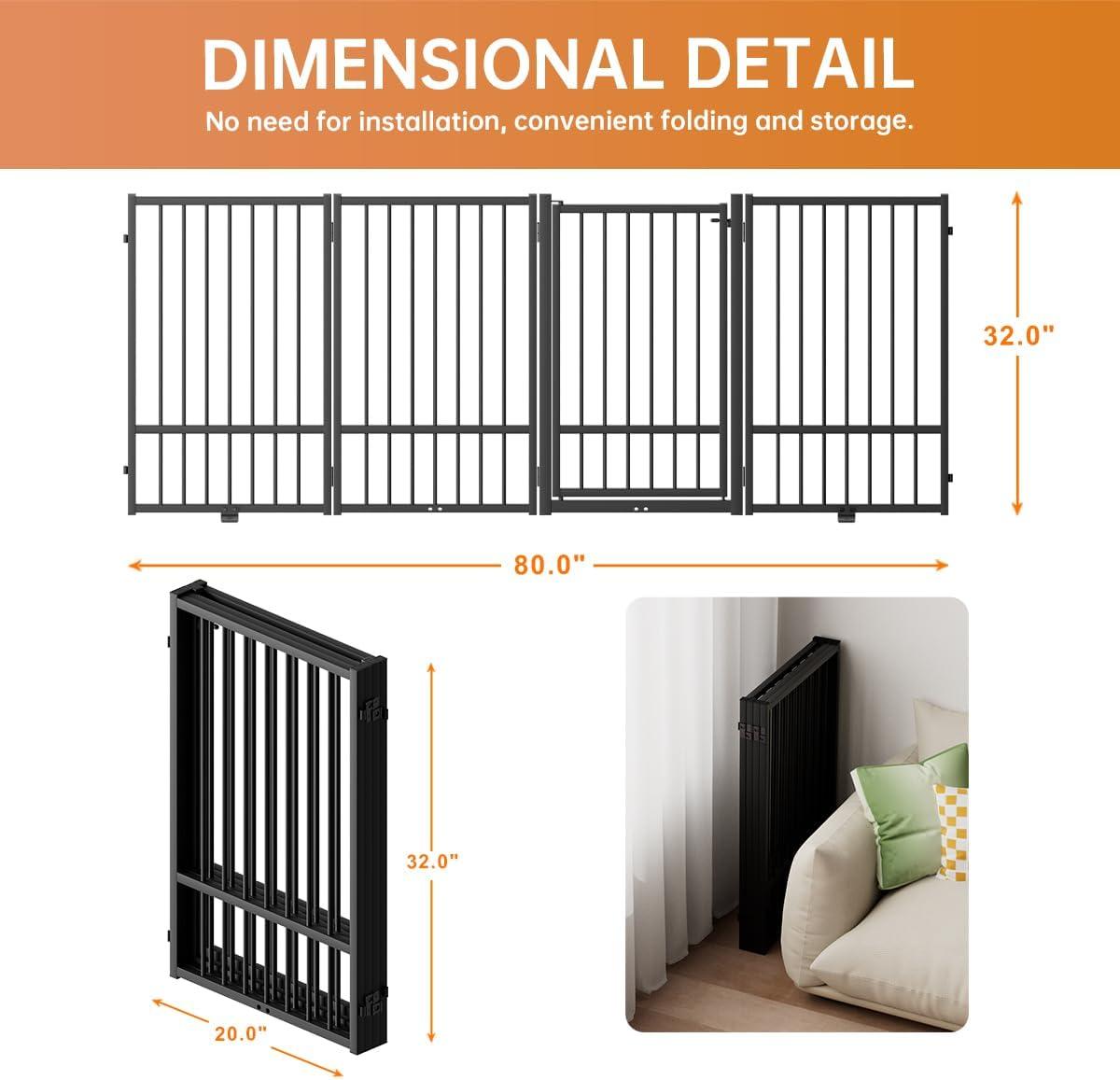 Full Matel Freestanding Dog Gate With Door, 32 Inch Height Foldable Pet Dog Fence Extra Wide Free Standing Small Dog Gates For Doorways,House,Stairs,Porch,Deck,Yard