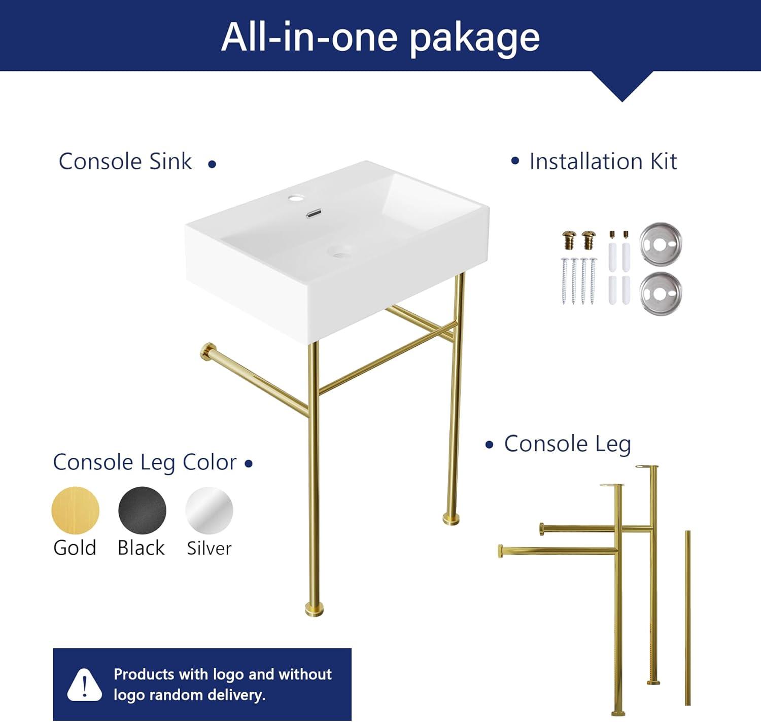 Ceramic White Rectangular Single Faucet Hole 24 in Console Bathroom Sink with Overflow