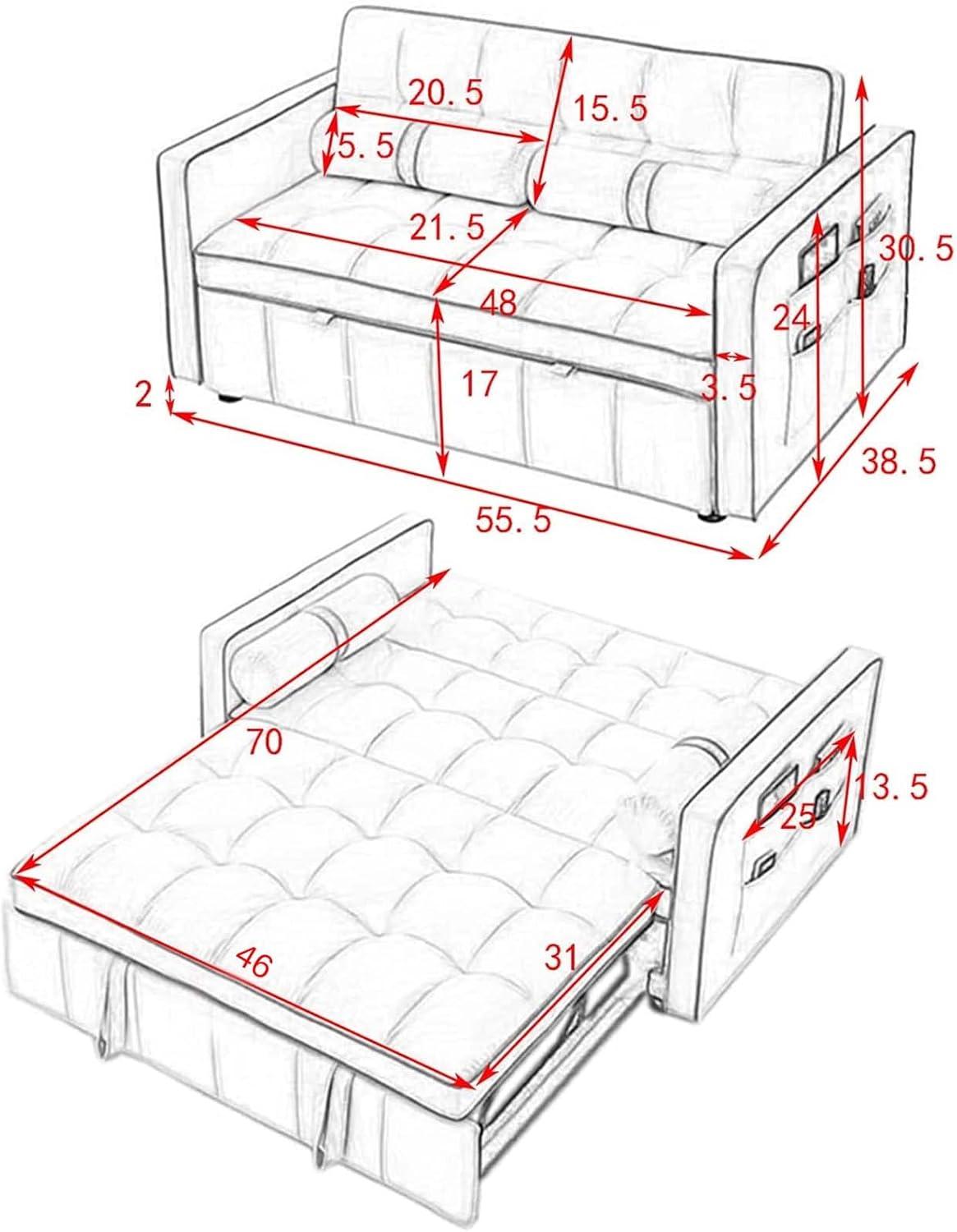 3 in 1 Convertible Sleeper Sofa Bed,55" Modern Velvet Sofa Couch Bed with 2 Lumbar Pillows and Adjsutable Backrest,2 Seater Loveseats Sofa for Apartment Office Living Room,Black