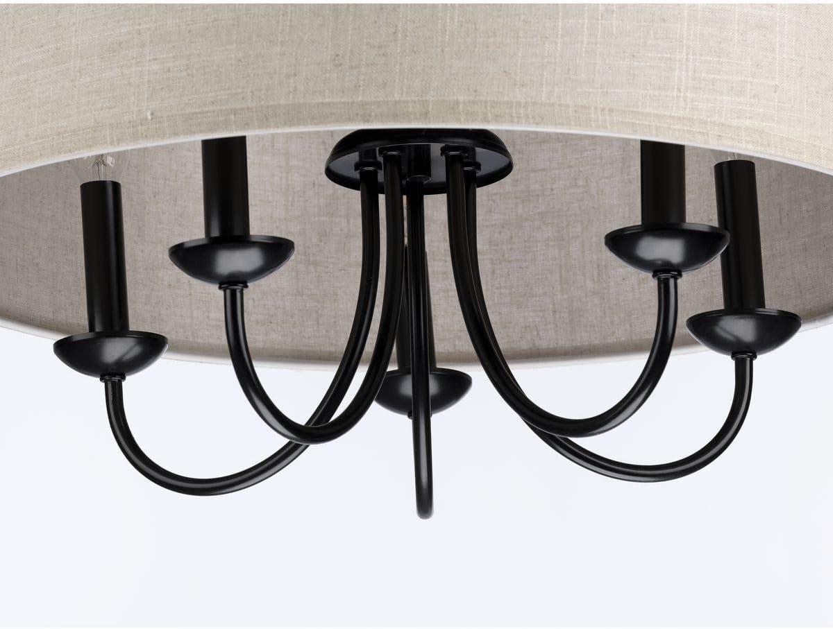 Progress Lighting, Drum Shade Collection, 5-Light Pendant, Black Finish, Harvest Linen Shade