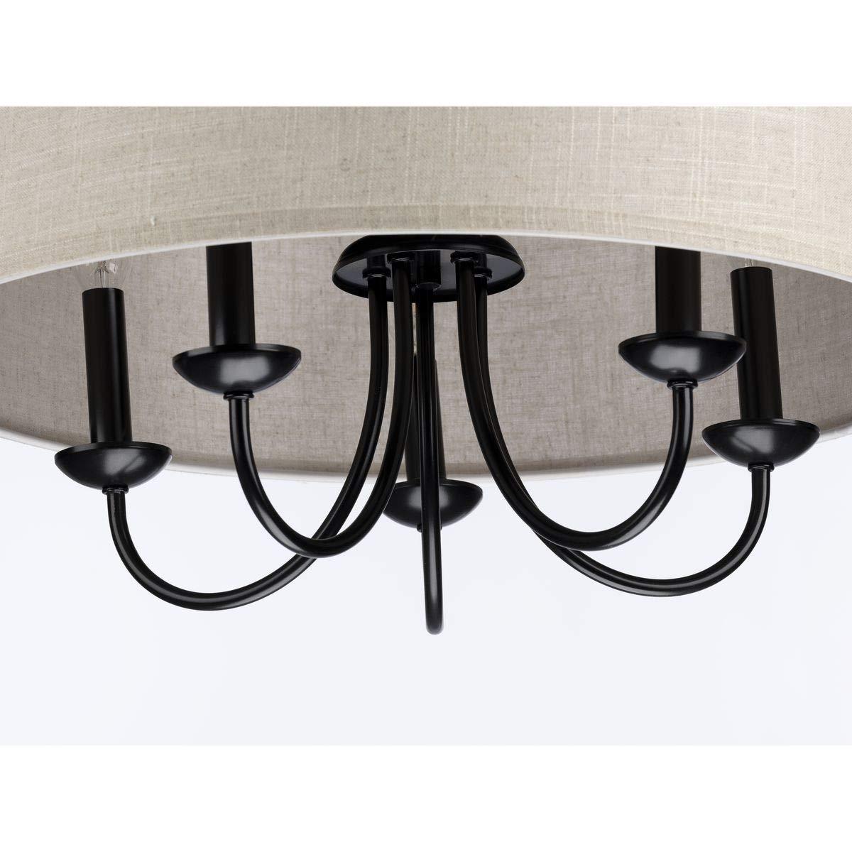 Progress Lighting, Drum Shade Collection, 5-Light Pendant, Black Finish, Harvest Linen Shade