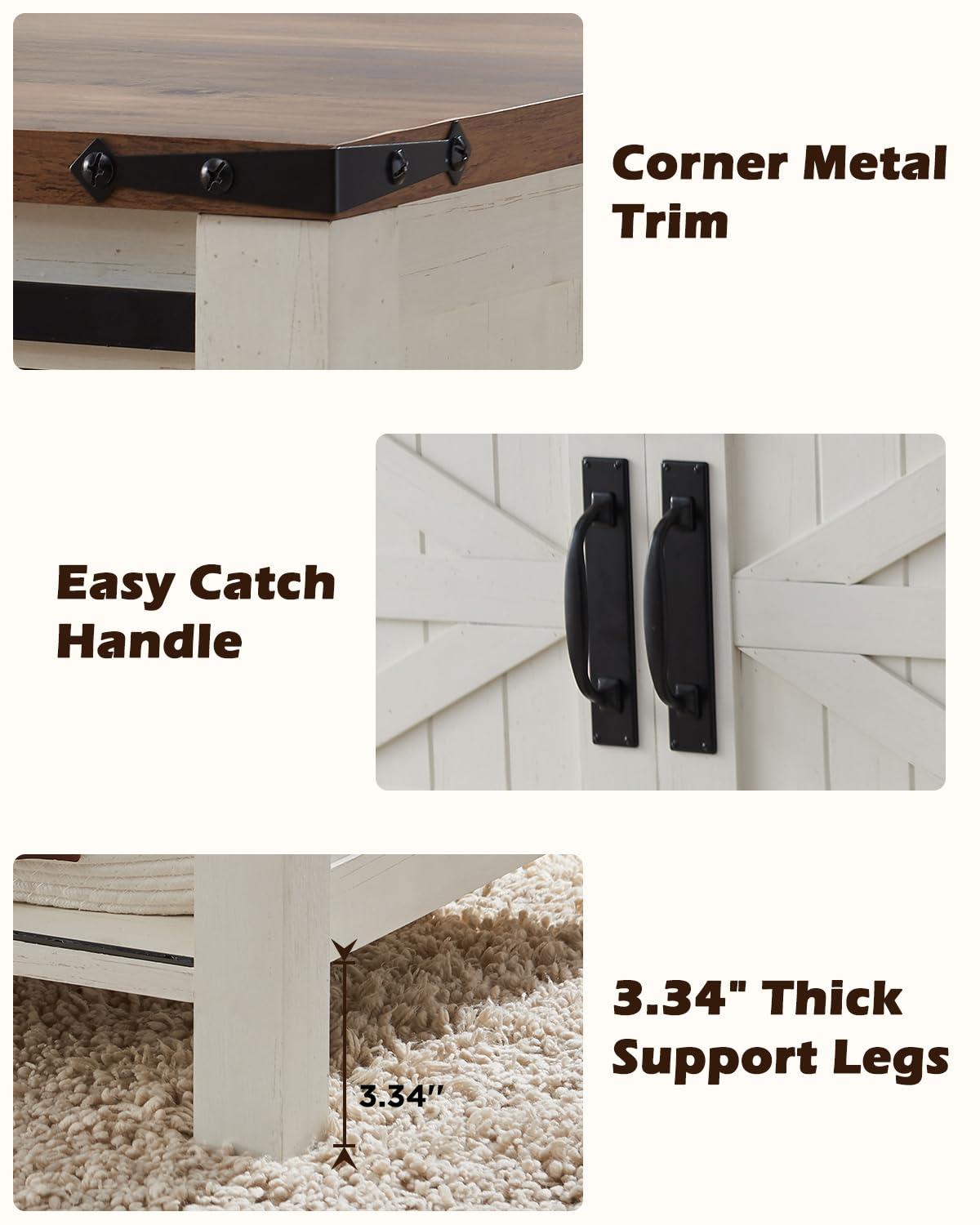 OKD 48" Farmhouse Lift Top Coffee Table with Sliding Barn Door & Adjustable Shelf, Antique White