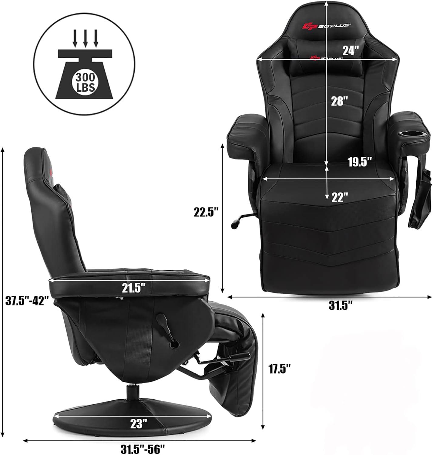 POWERSTONE Gaming Recliner Massage Gaming Chair with Footrest Ergonomic PU Leather Single Sofa with Cup Holder Headrest and Side Pouch, Adjustable Living Room Chair Seating, Black
