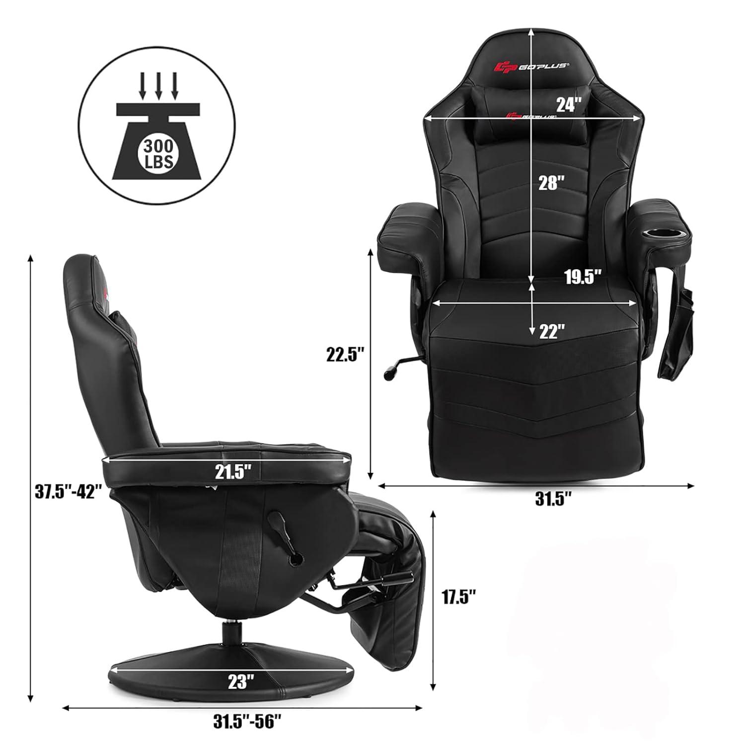 POWERSTONE Gaming Recliner Massage Gaming Chair with Footrest Ergonomic PU Leather Single Sofa with Cup Holder Headrest and Side Pouch, Adjustable Living Room Chair Seating, Black