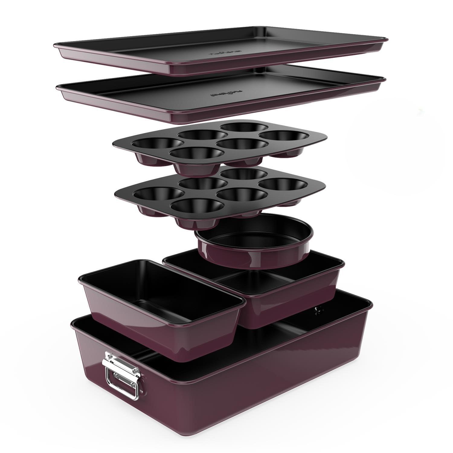 NutriChef 8-Piece Nonstick Stackable Bakeware Set - Pfoa, Pfos, Ptfe Free Baking Tray Set W/ Non-Stick Coating, 450°F Oven Safe, Round Cake, Loaf, Muffin, Wide/Square Pans, Cookie Sheet