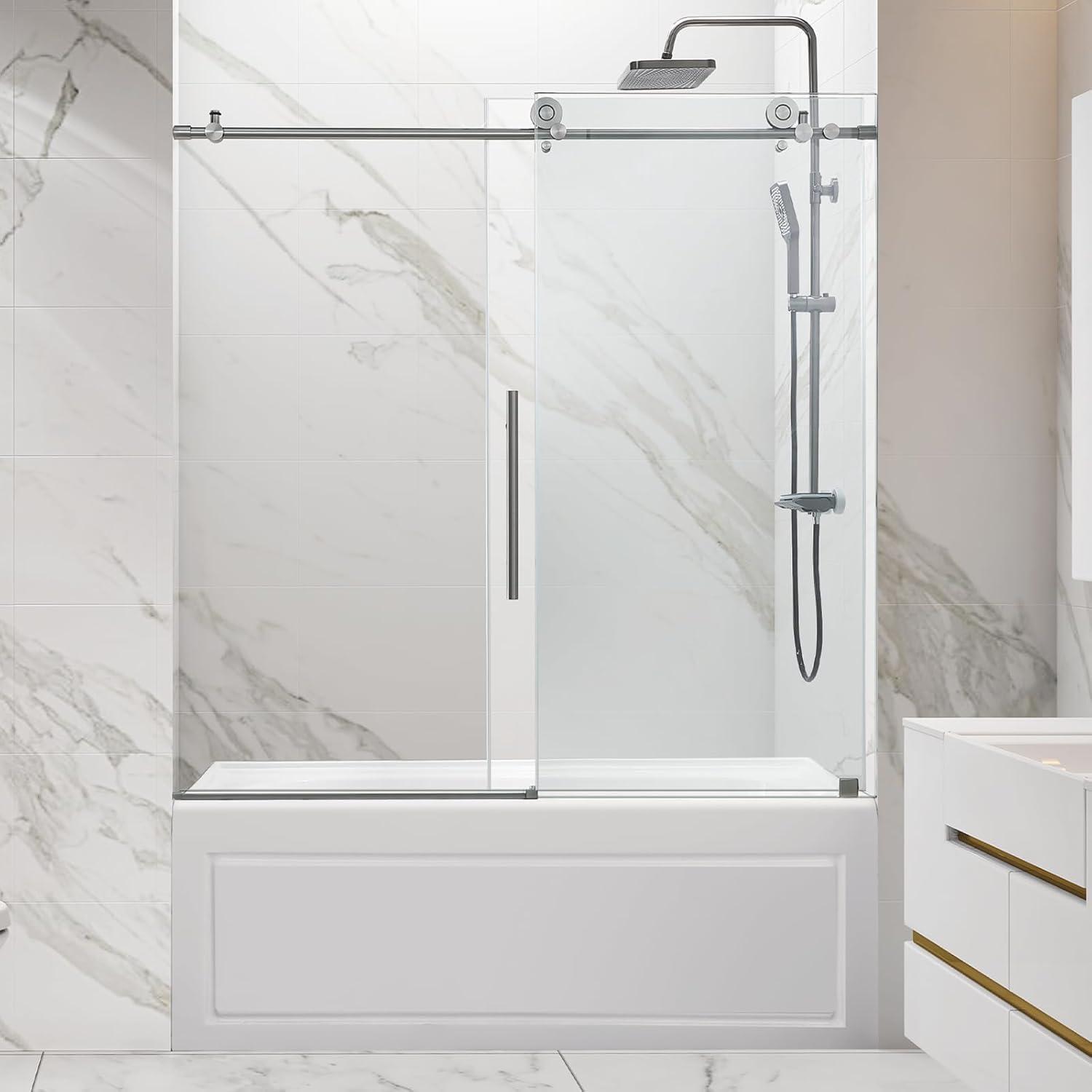 Frameless Sliding Shower Door, 76 x (44-48) Inch Frameless Shower Door, 5/16" (8mm) Clear Tempered Glass in Brushed Nickel Finish, Glass Shower Door