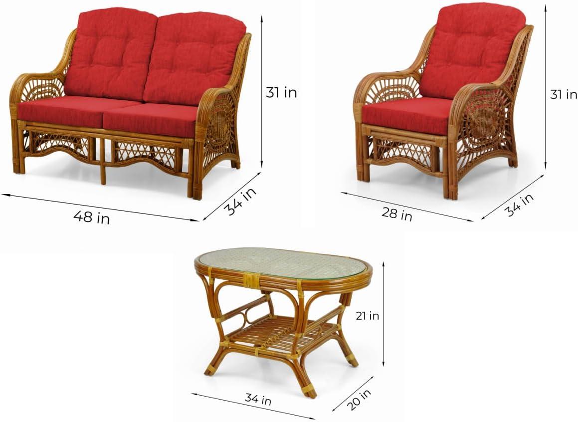 Bay Isle Home™ Malibu Lounge Set Of 4: 2 Natural Rattan Wicker Chairs, Loveseat And Coffee Table W/Glass Handmade, Natural Color