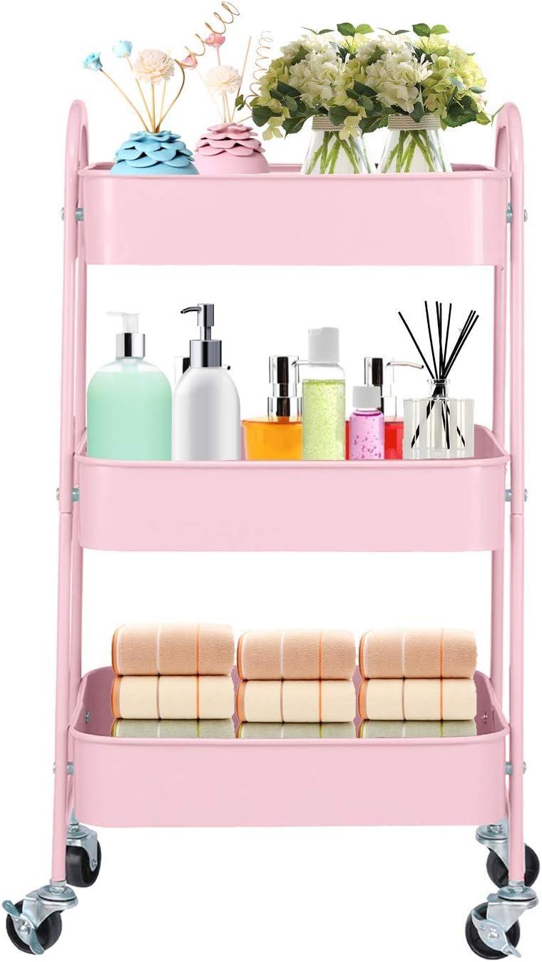 3 Tier Mesh Utility Cart, Rolling Metal Organization Cart with Handle and Lockable Wheels, 3 Hanging Cups and 4 Hooks, Mobile Trolley Cart for Kitchen, Bathroom, Office, Workshop, Pink