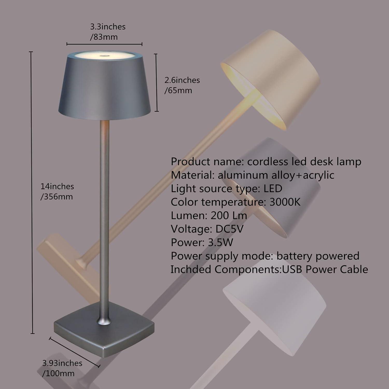 Rechargeable led Cordless Table Lamps, Aluminum, dimmable,Suitable for Indoor and Outdoor Lighting Grey
