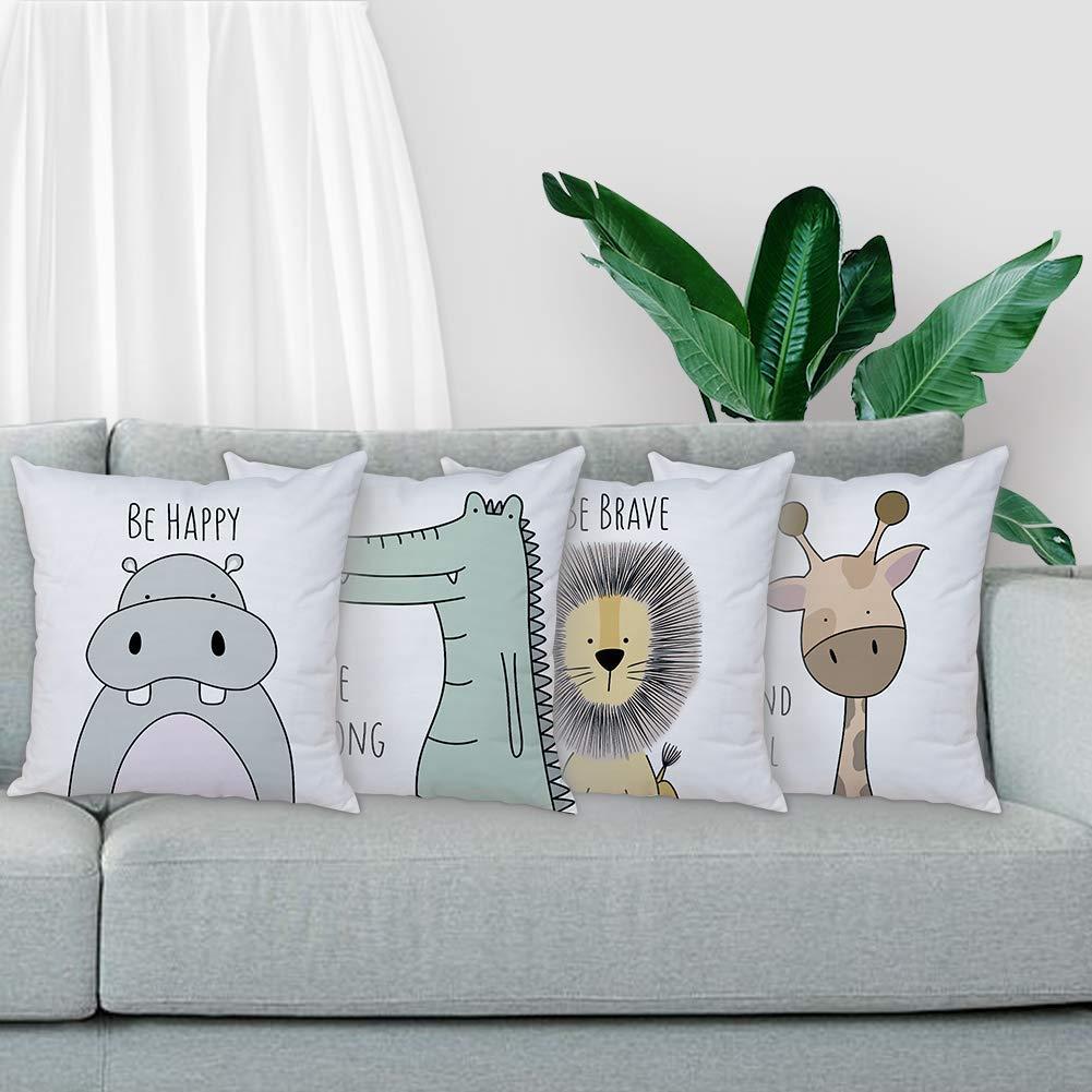 Cartoon Animal Pillow Covers Kids Pillowcase 18×18 Inch Set of 4 Throw Pillow Covers Set Cotton Throw Cushion Case for Sofa Couch Home Decor School Cushion Case(Hippo, Giraffe, Lion, Crocodile)