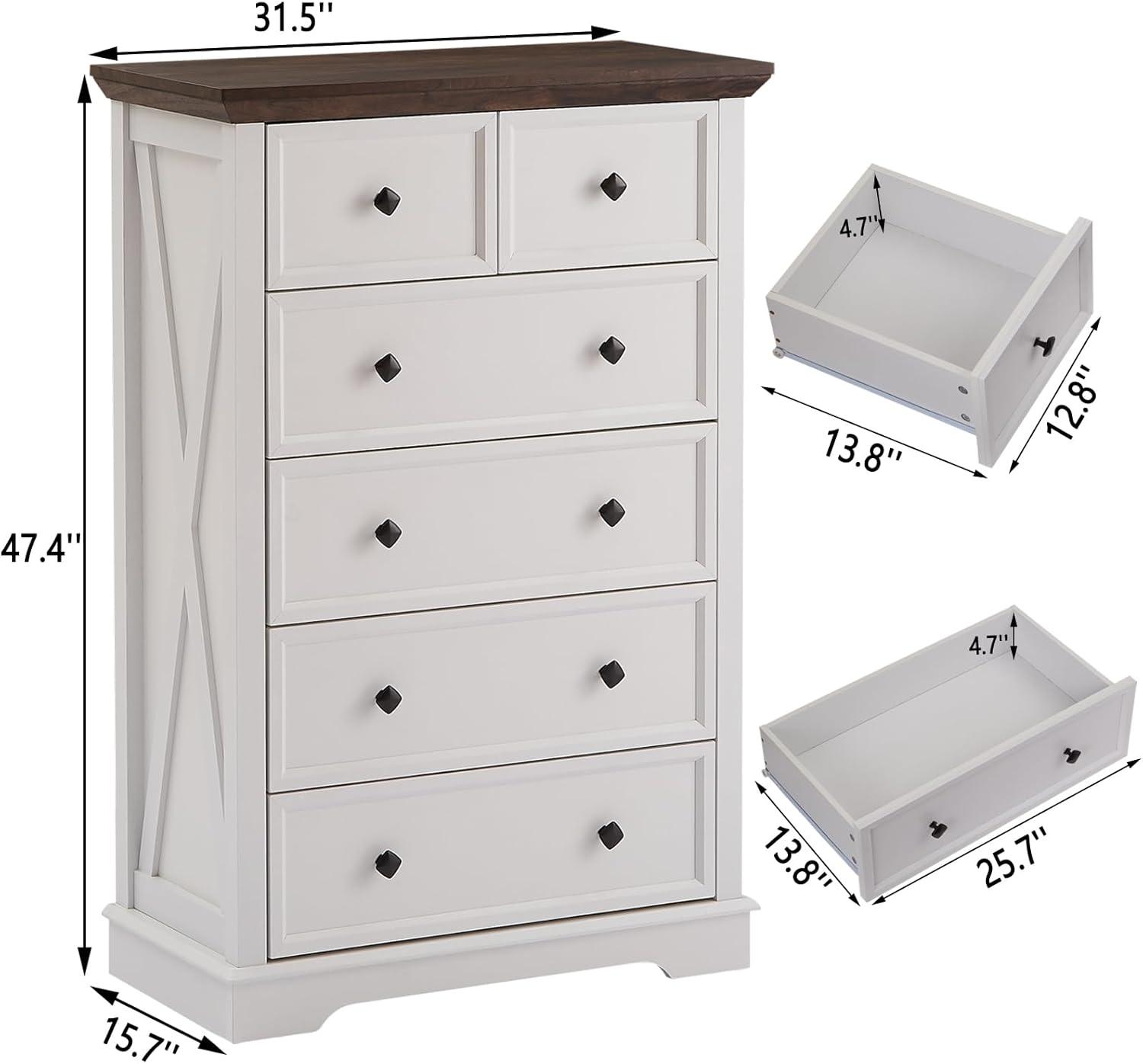 White Farmhouse 48" Tall 6-Drawer Wood Dresser