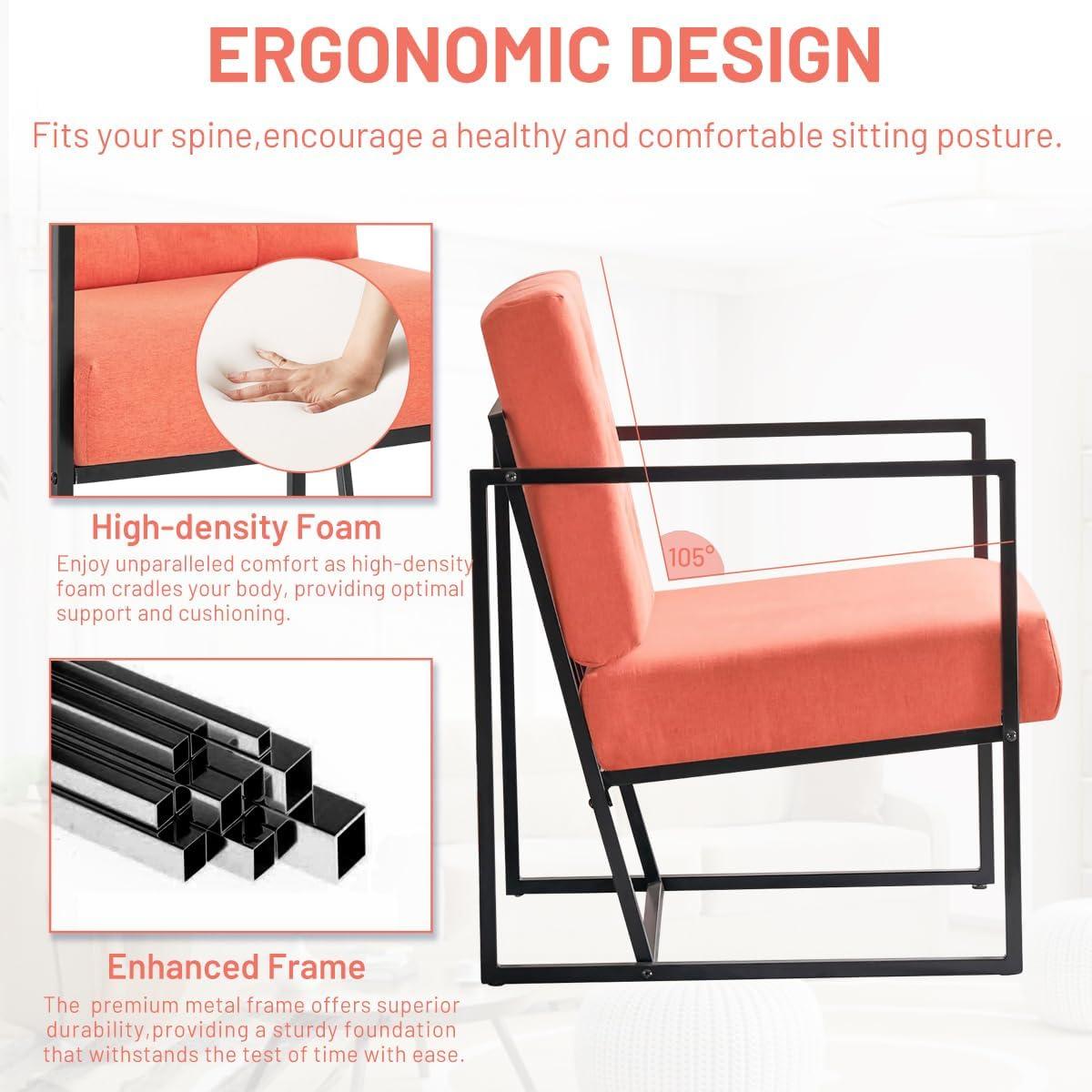 Living Room Chairs - Accent Chair with Upholstered Soft Comfortable Oversized Armchair Featuring Classic Metal Frame for Bedroom, Reading Room, Office Relaxation (Mid-Century Modern, Orange)