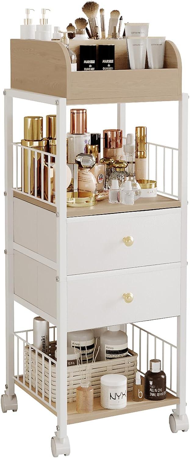 Makeup Organizer Cart with Drawers, Floor Skin Care Organizers, Rolling Bathroom Make Up Organizers and Storage, Vanity Organizer Cosmetics Display for Nail Polish Perfume Makeup Brush(White)