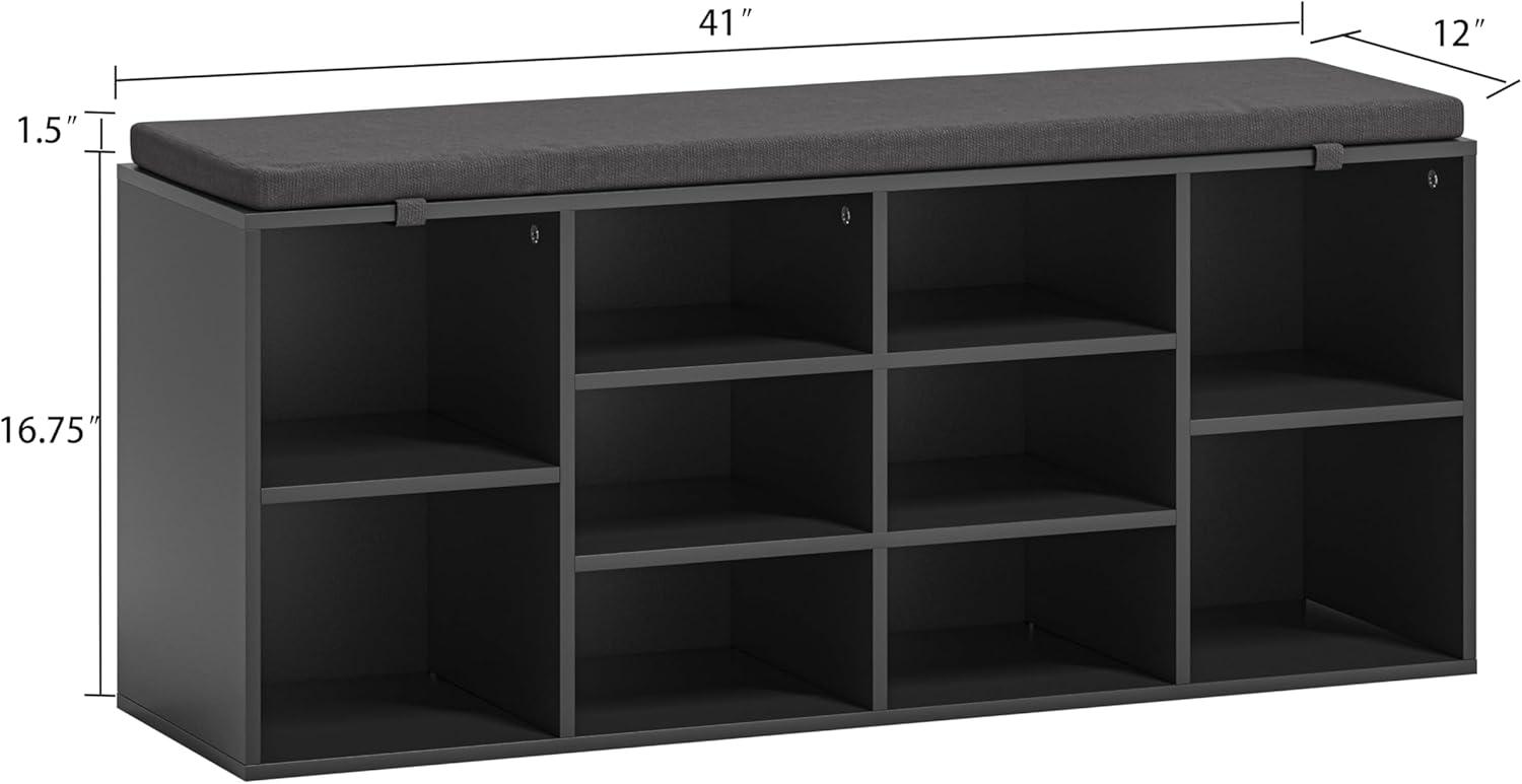 Bifanuo Shoe Storage Bench, 10 Cubbies Shoe Rack Bench with Padded Seat, Space Saving Shelf for Entryway, Living Room, Hallway, Bedroom, Black