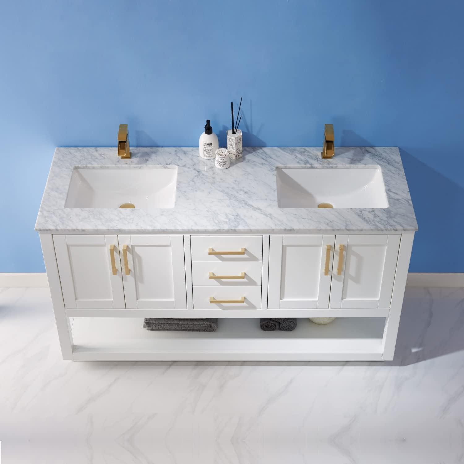 Remi 60" Carrara White Marble Countertop Double Vanity w/o Mirror White