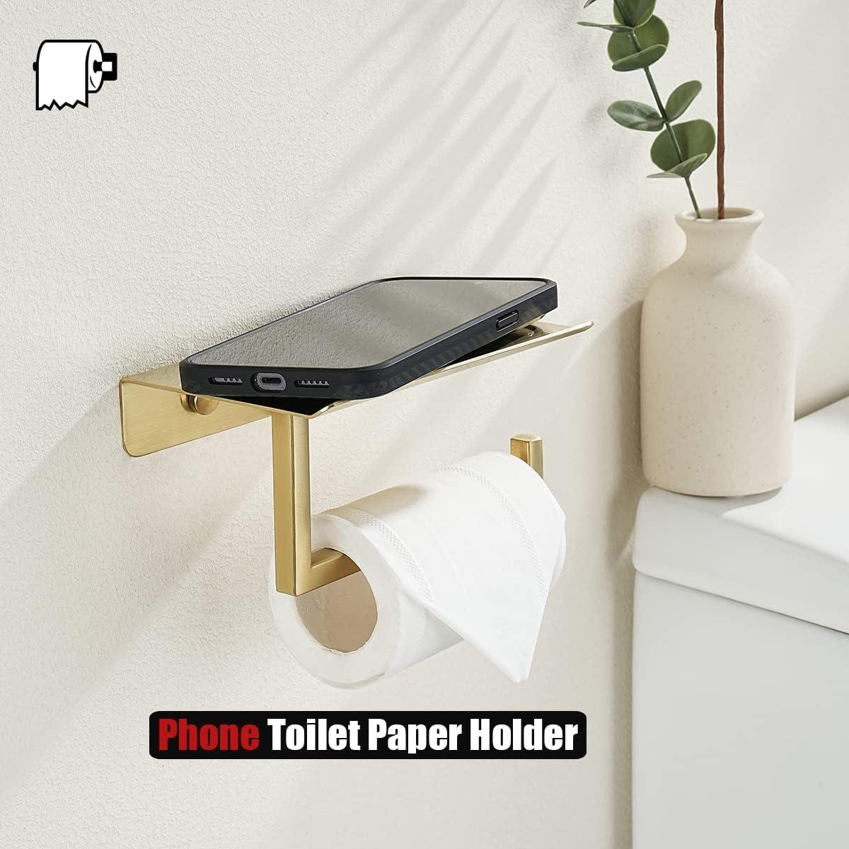 JQK Toilet Paper Holder Shelf, Bathroom Tissue Roll Holder with Phone Shelf, 5 Inch 304 Stainless Steel Tissue Paper Dispenser, Brushed Gold Finished Wall Mount, TPH202-BG