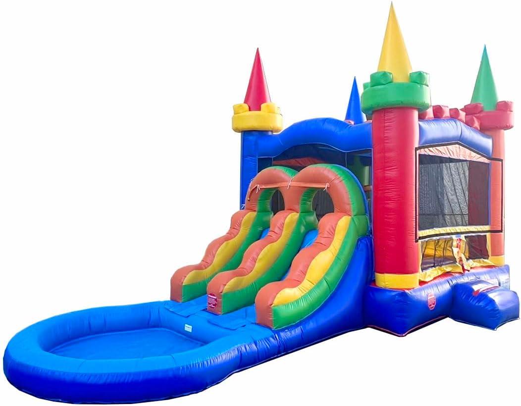 Pogo Bounce House Crossover Bounce House with Water Slide, Modular Rainbow Dual Slide with Splash Pool