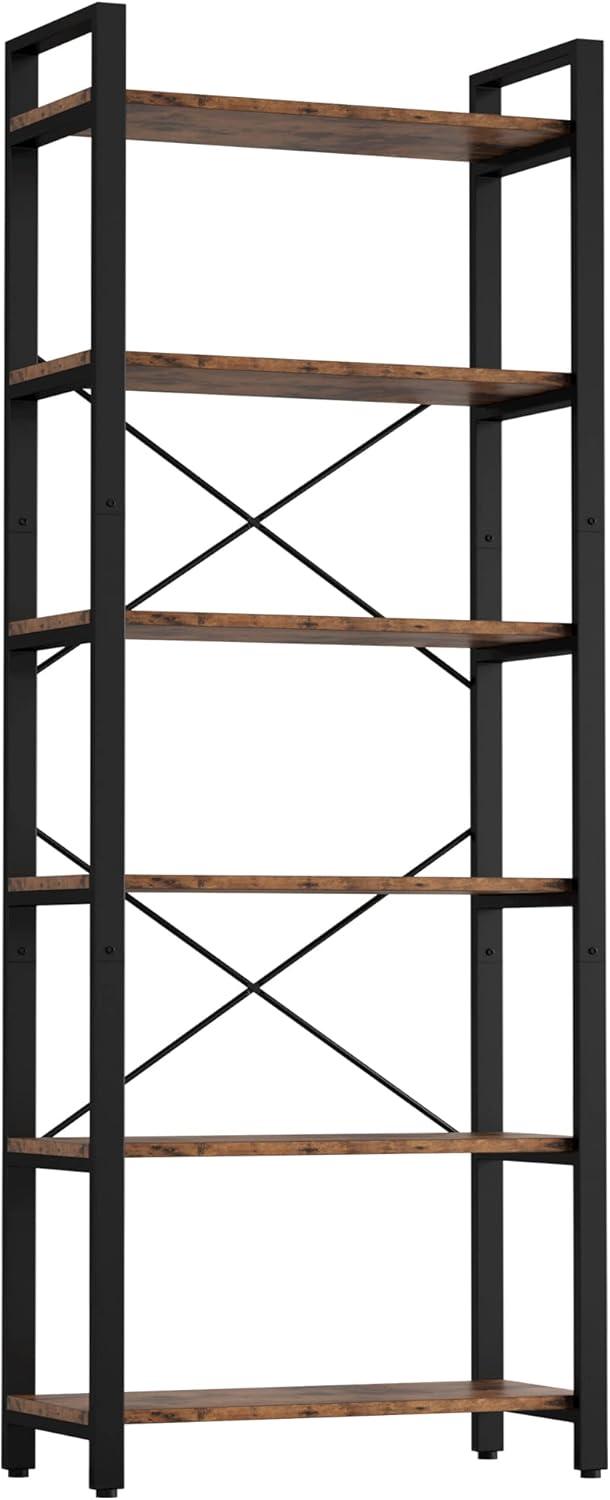 Vintage Brown 6-Tier Ladder Bookshelf with Metal Frame