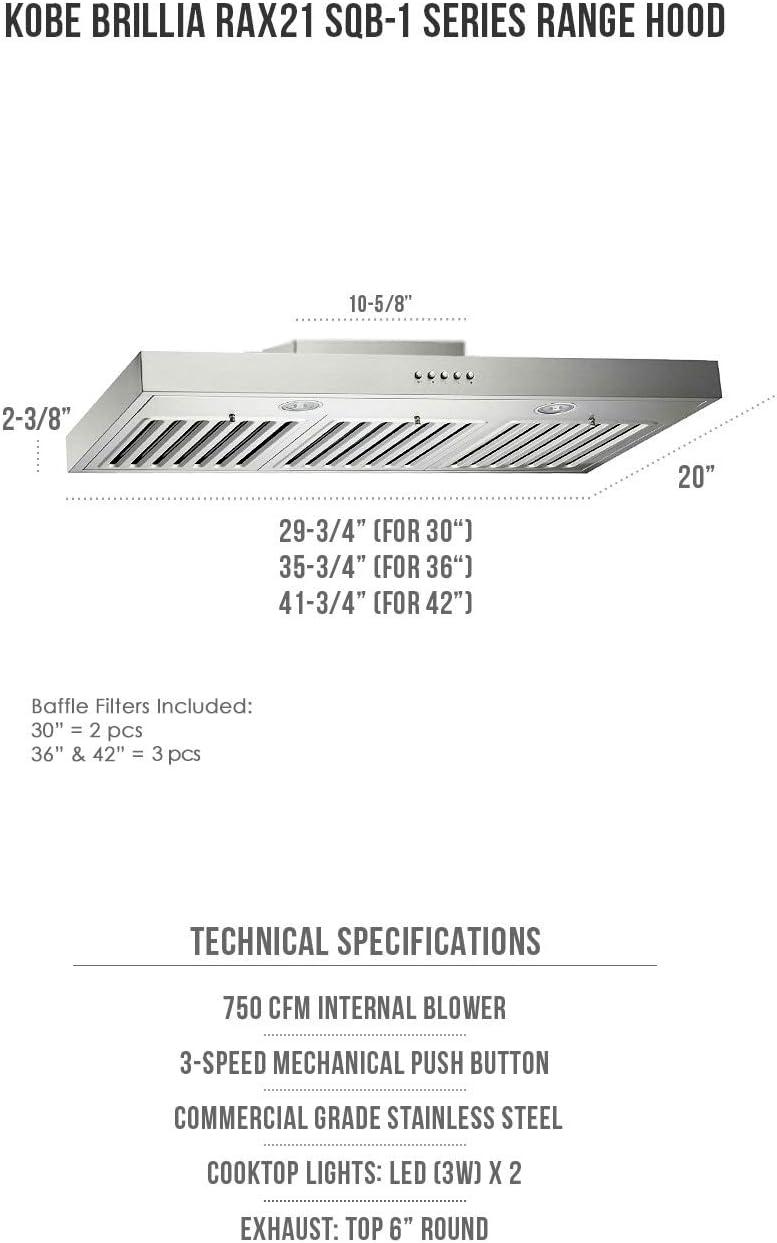 KOBE RAX2130SQB-1 Brillia 30-inch Under Cabinet Range Hood, 3-Speed, 750 CFM, LED Lights, Baffle Filters